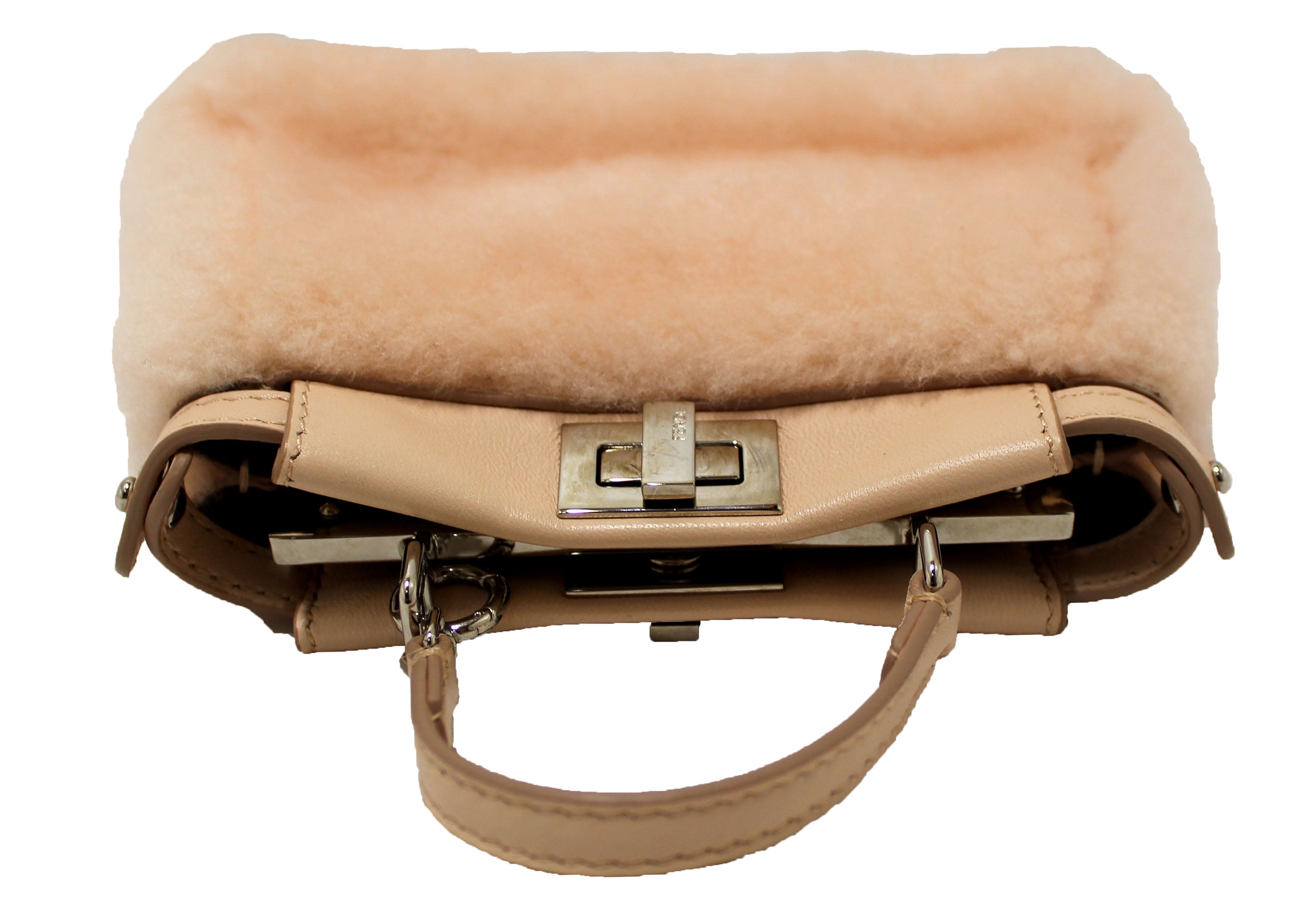 Authentic Fendi Pink Shearling and Leather Micro Peekaboo Bag