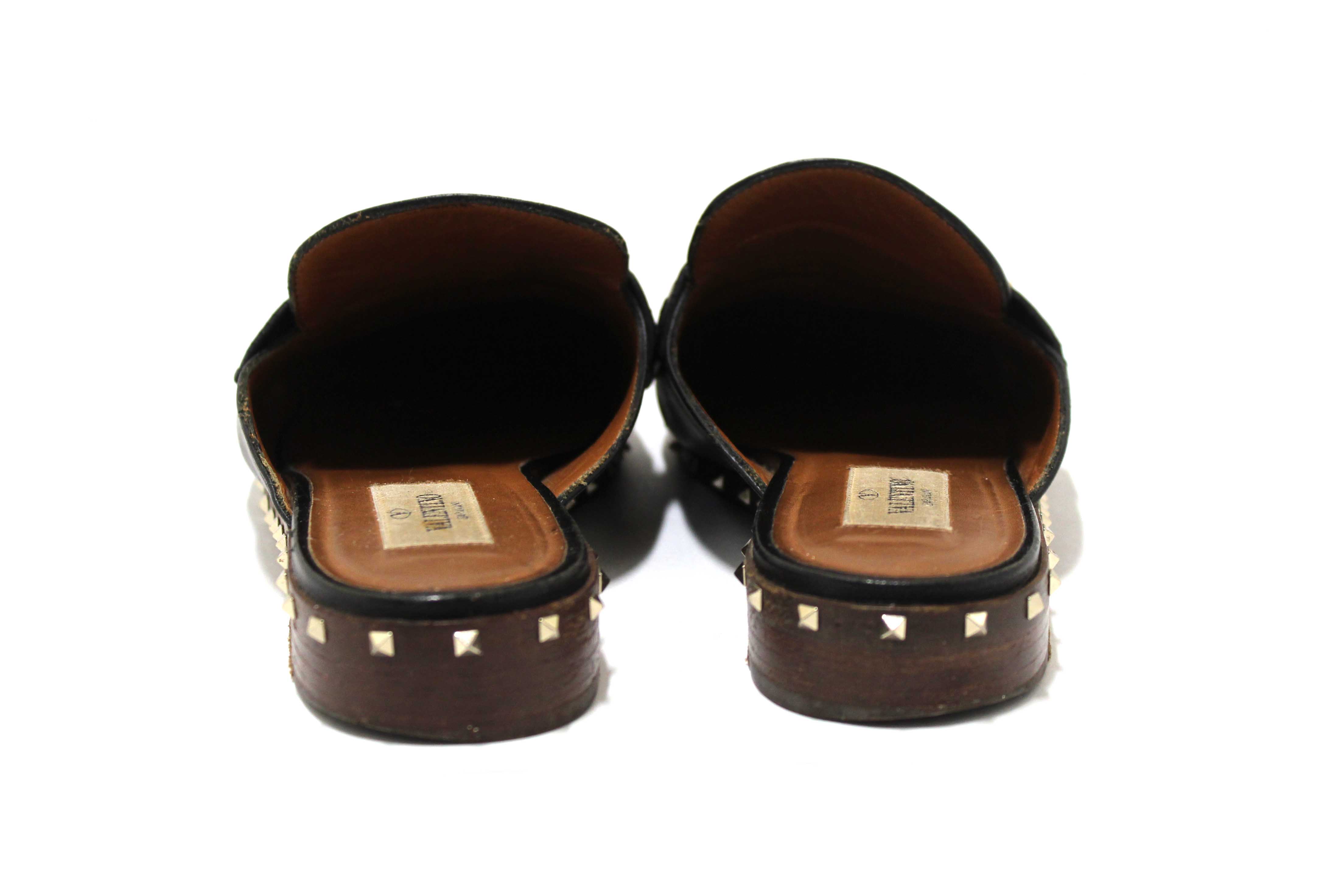 Authentic Valentino Black Leather Rockstuds Mules Flat Shoes Size 36.5