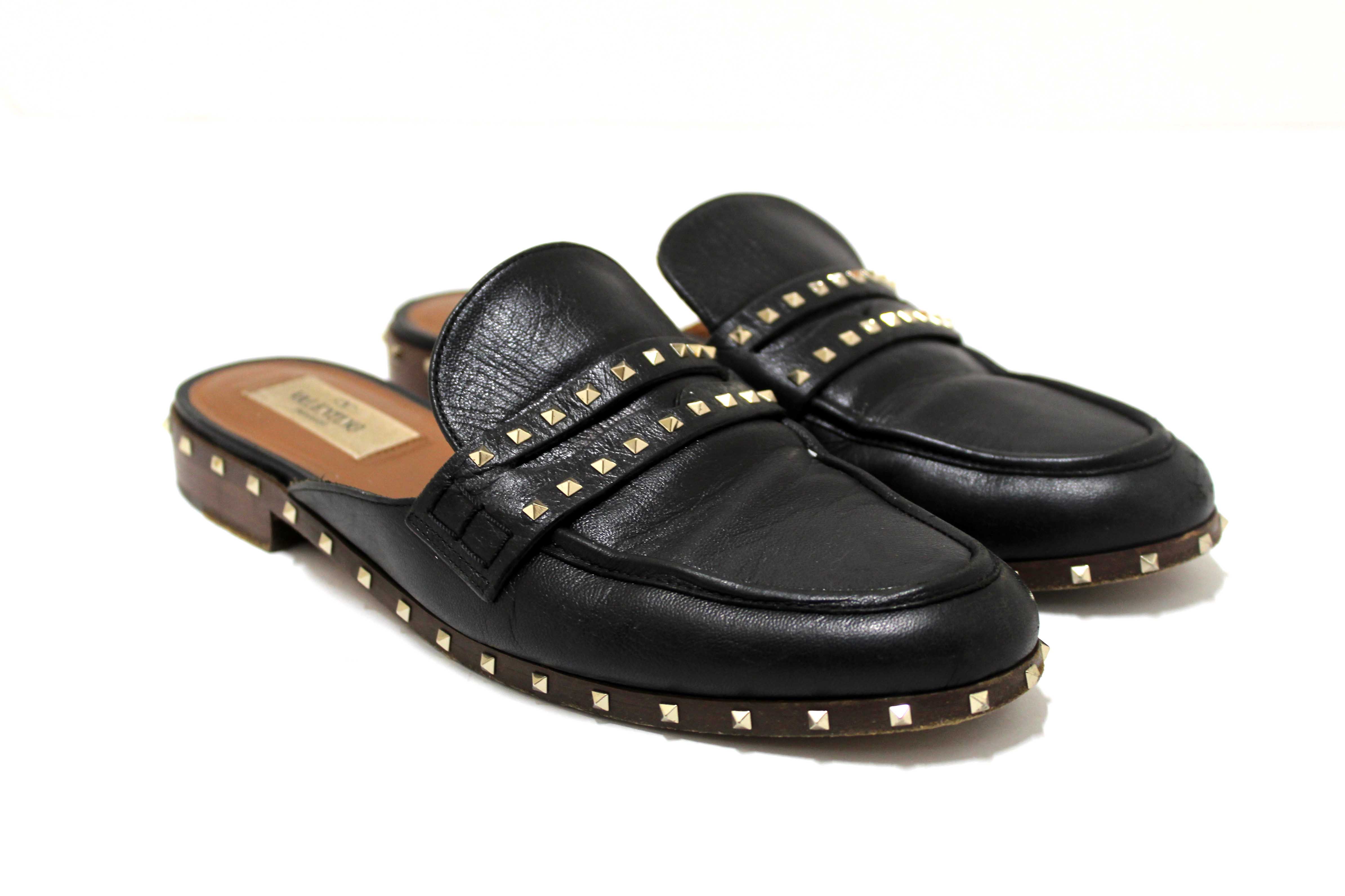 Authentic Valentino Black Leather Rockstuds Mules Flat Shoes Size 36.5