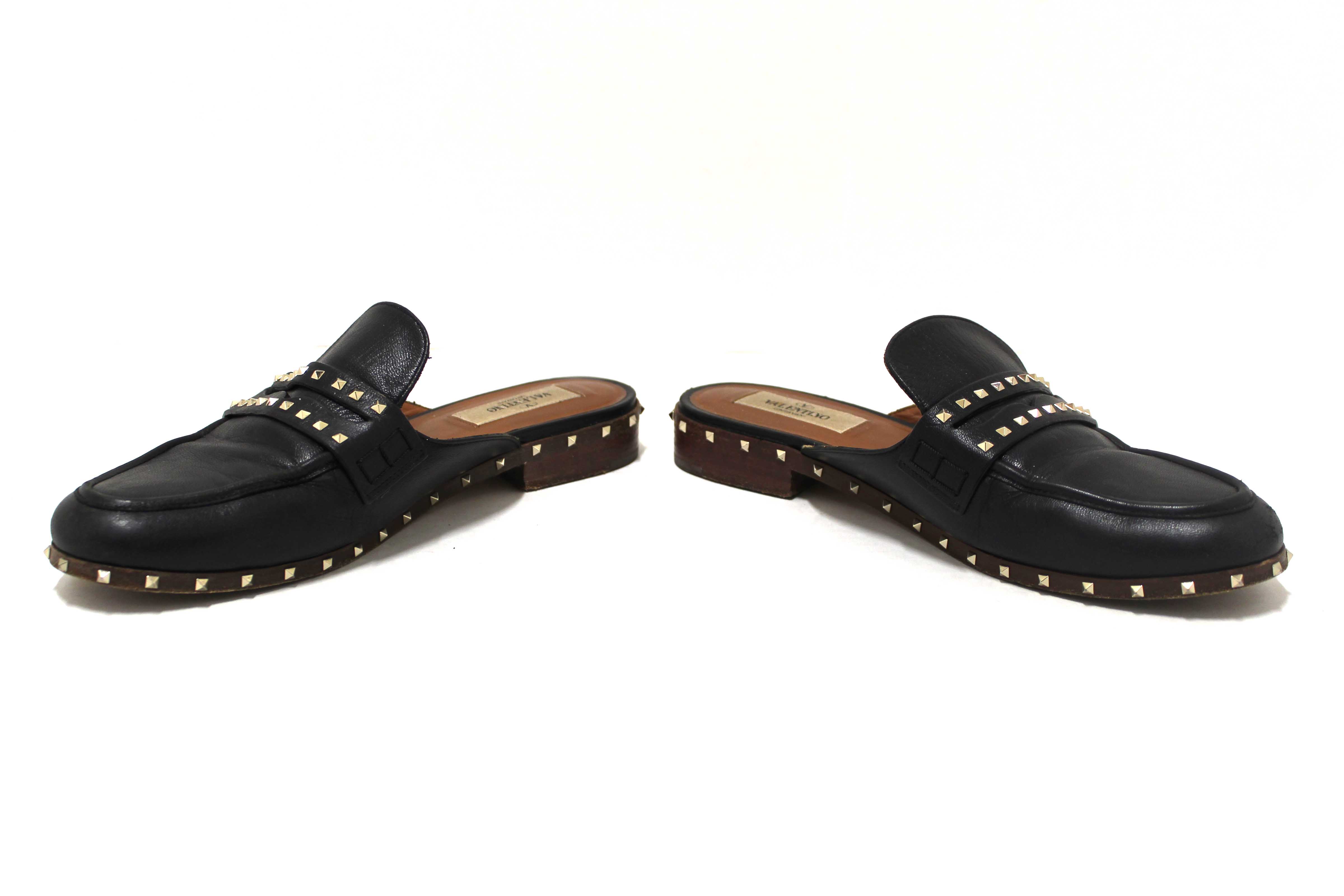 Authentic Valentino Black Leather Rockstuds Mules Flat Shoes Size 36.5