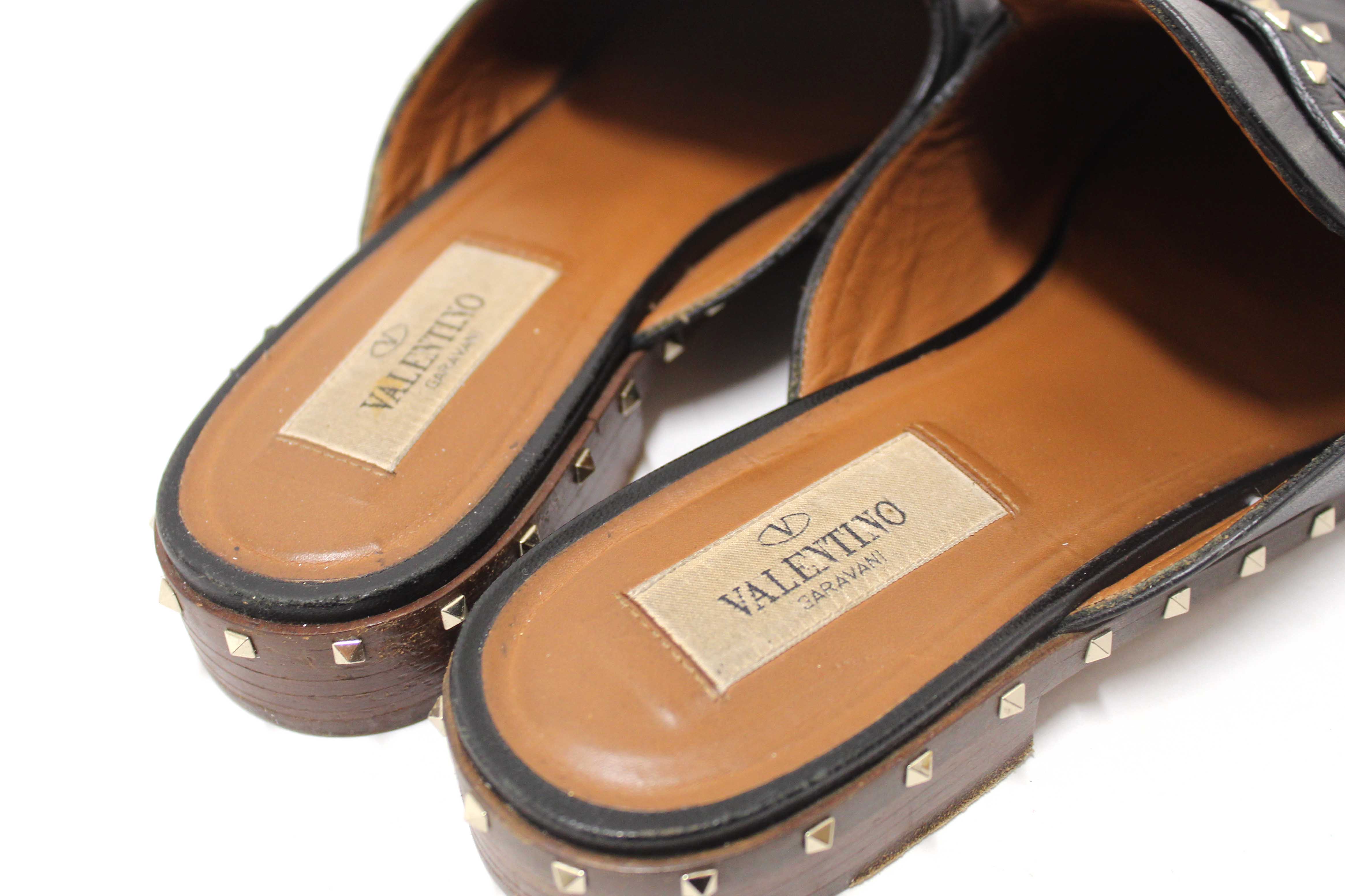 Authentic Valentino Black Leather Rockstuds Mules Flat Shoes Size 36.5