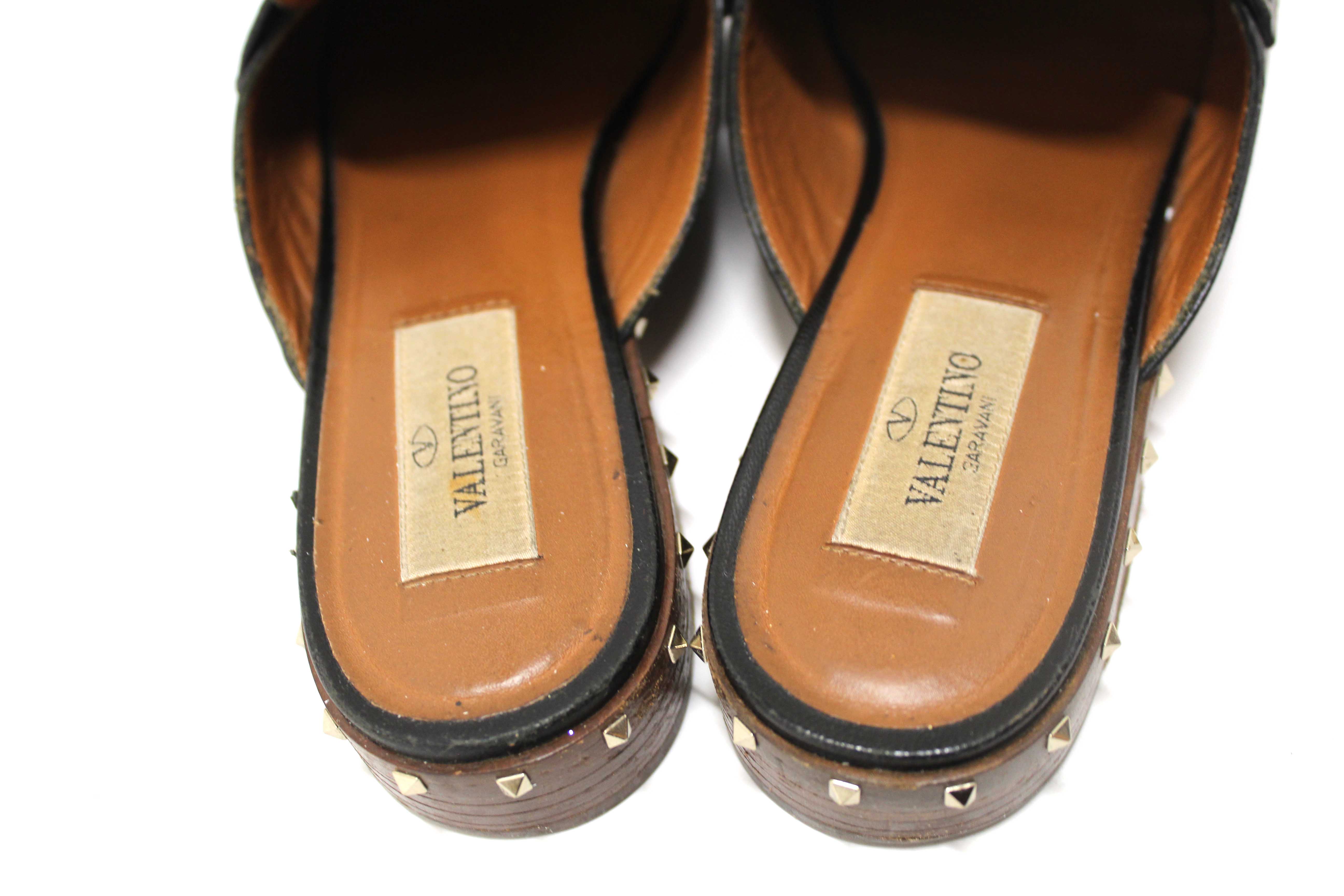 Authentic Valentino Black Leather Rockstuds Mules Flat Shoes Size 36.5