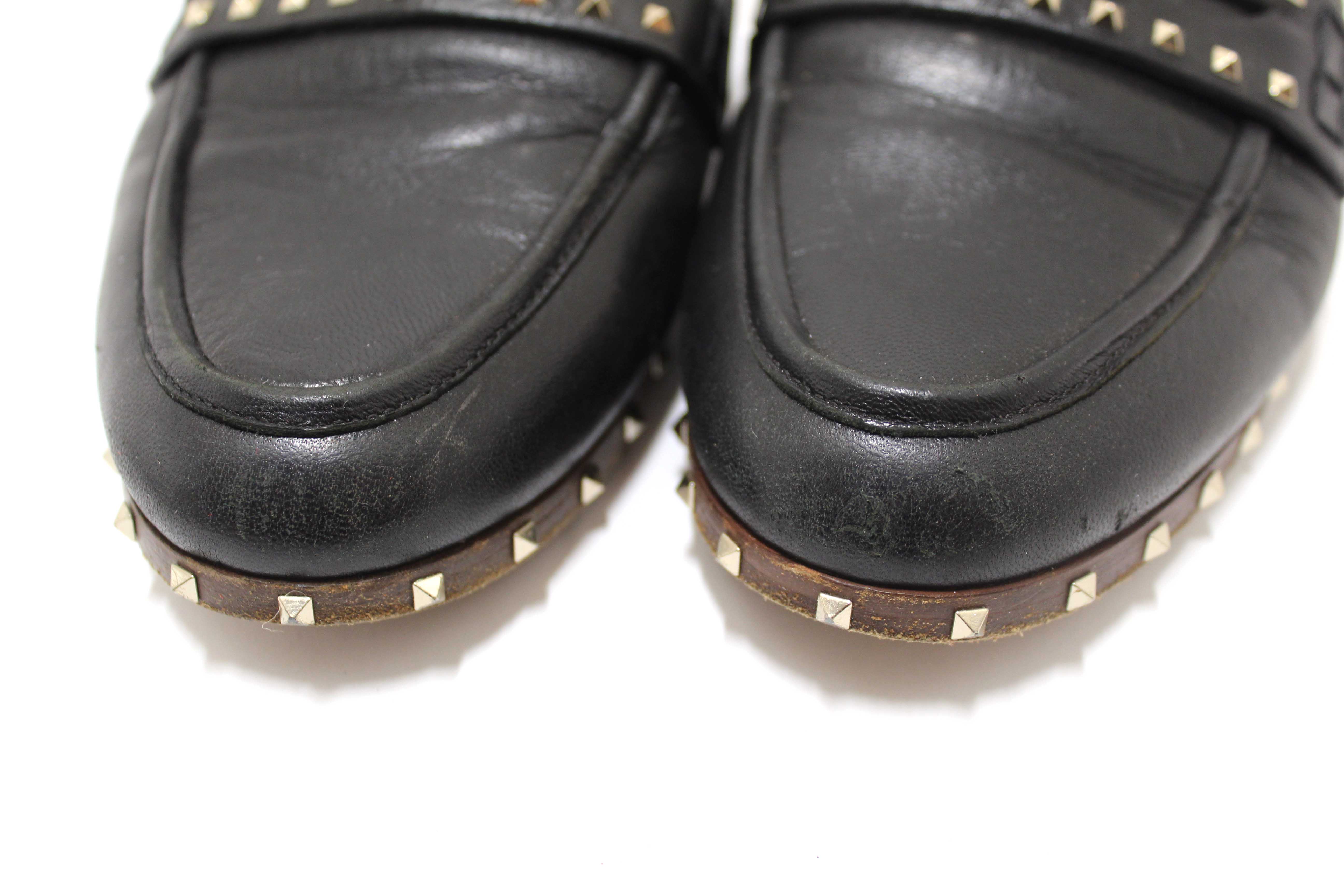 Authentic Valentino Black Leather Rockstuds Mules Flat Shoes Size 36.5