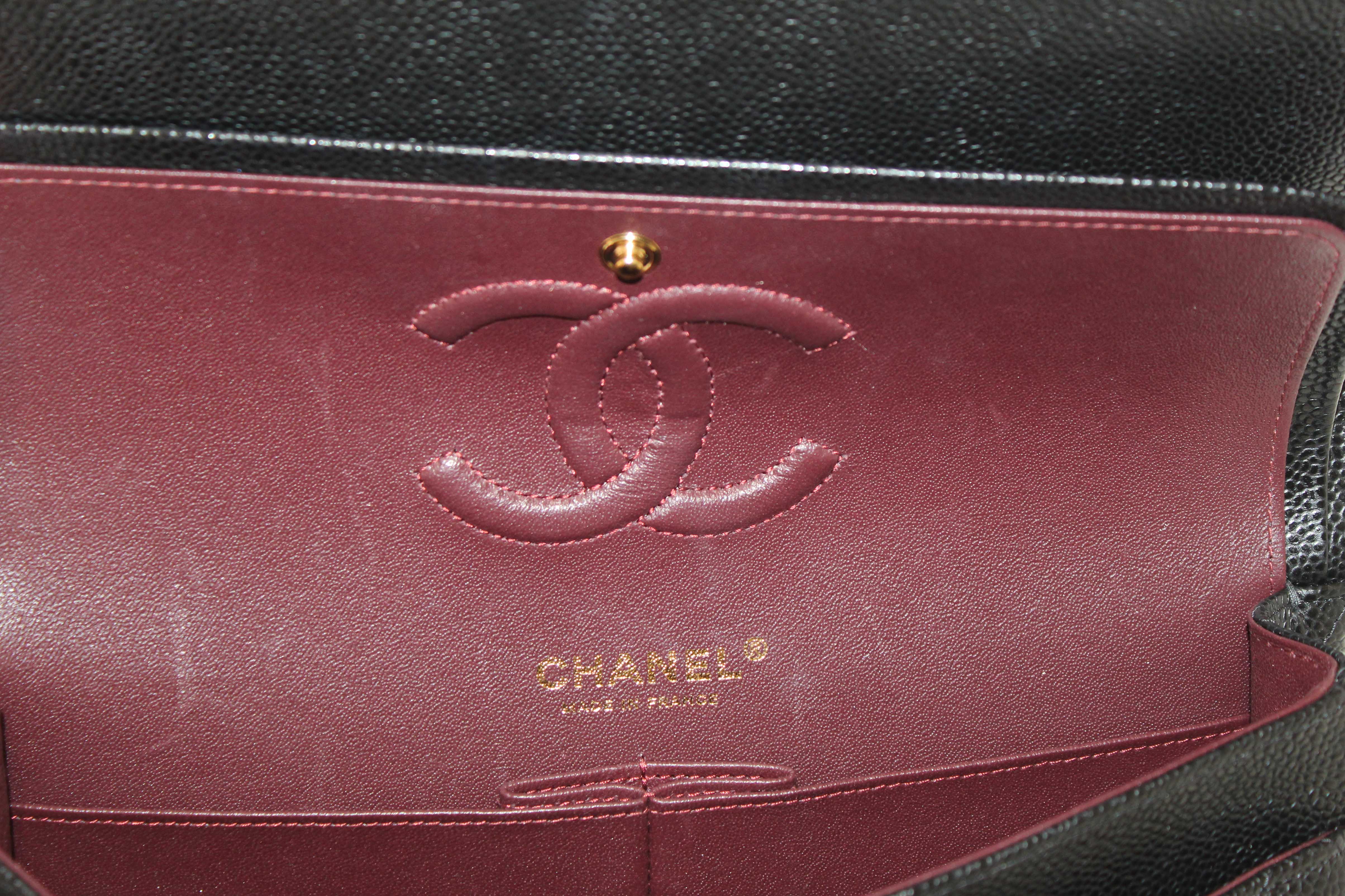Authentic Chanel Classic Black Quilted Caviar Leather Classic Medium Double Flap Bag