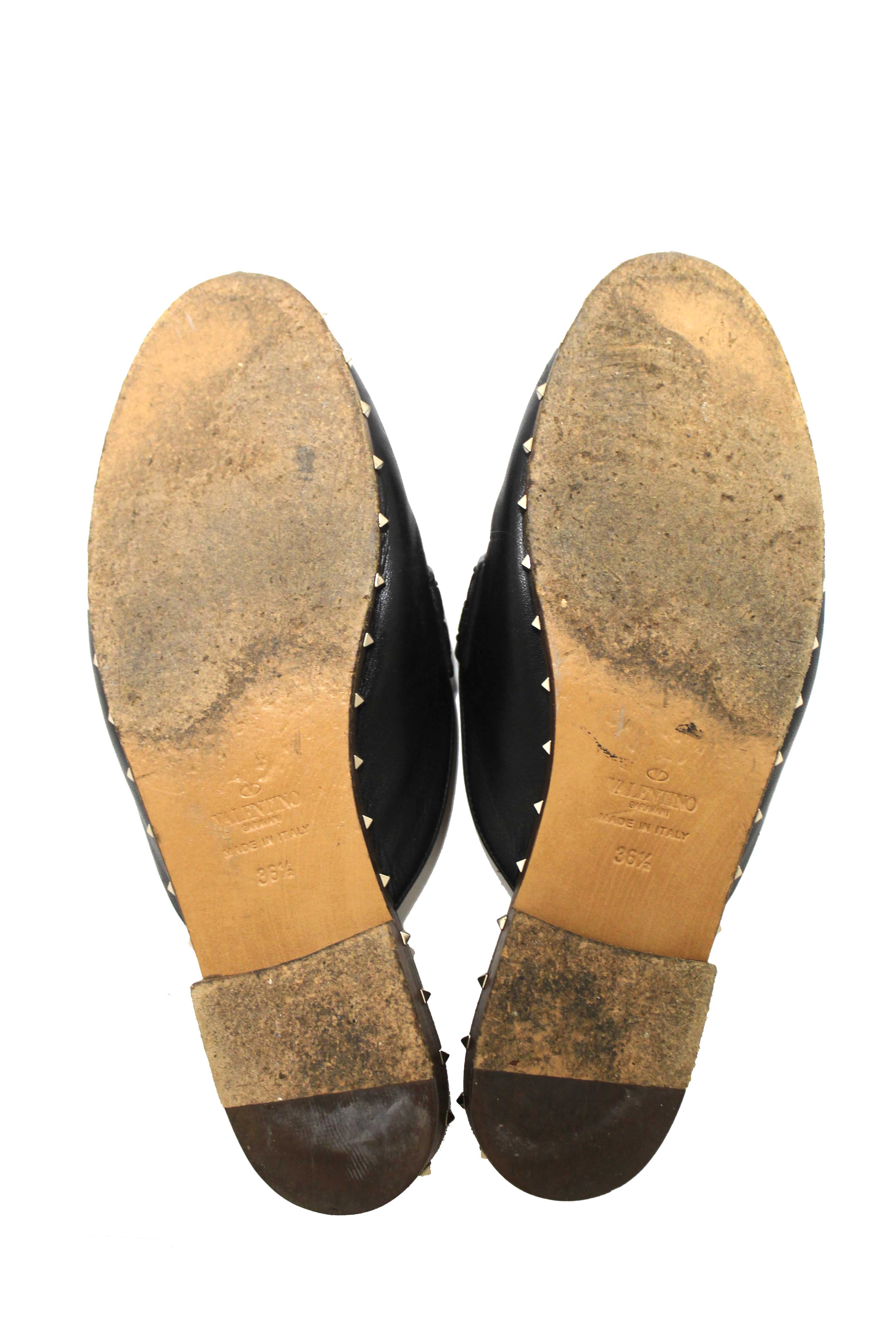Authentic Valentino Black Leather Rockstuds Mules Flat Shoes Size 36.5