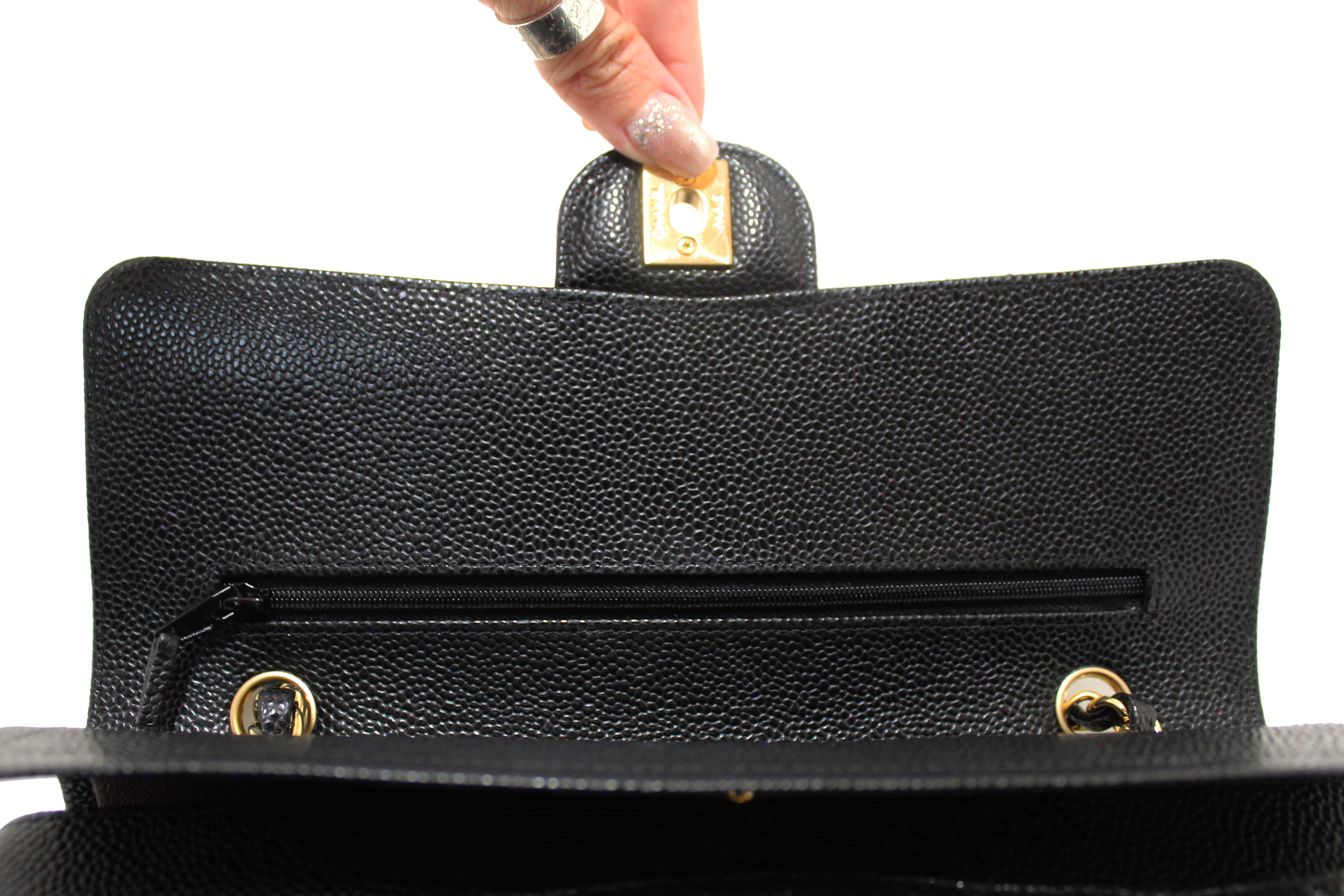 Authentic Chanel Classic Black Quilted Caviar Leather Classic Medium Double Flap Bag