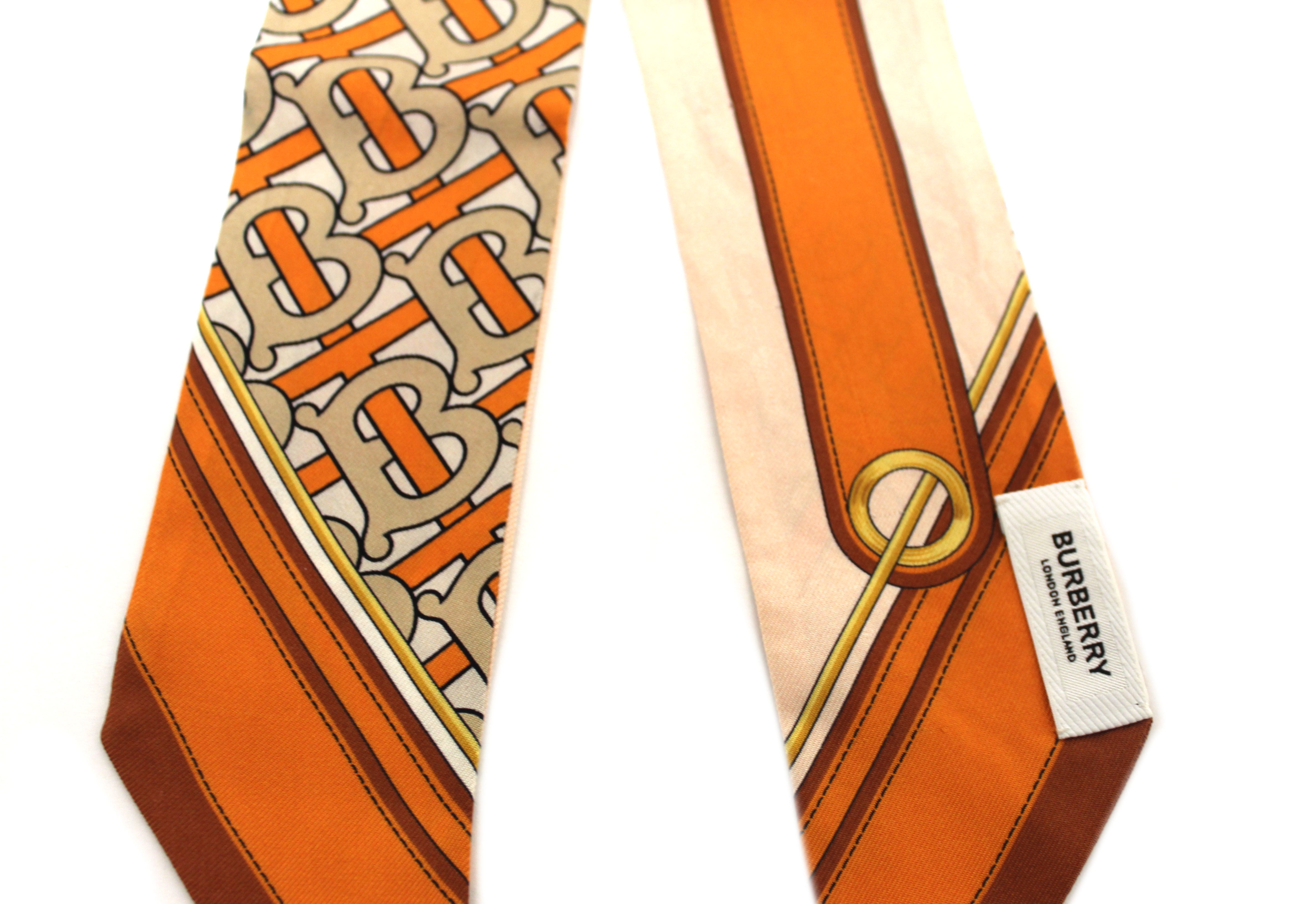 Authentic Burberry Orange TB Monogram Reversible Silk & Wool Skinny Scarf