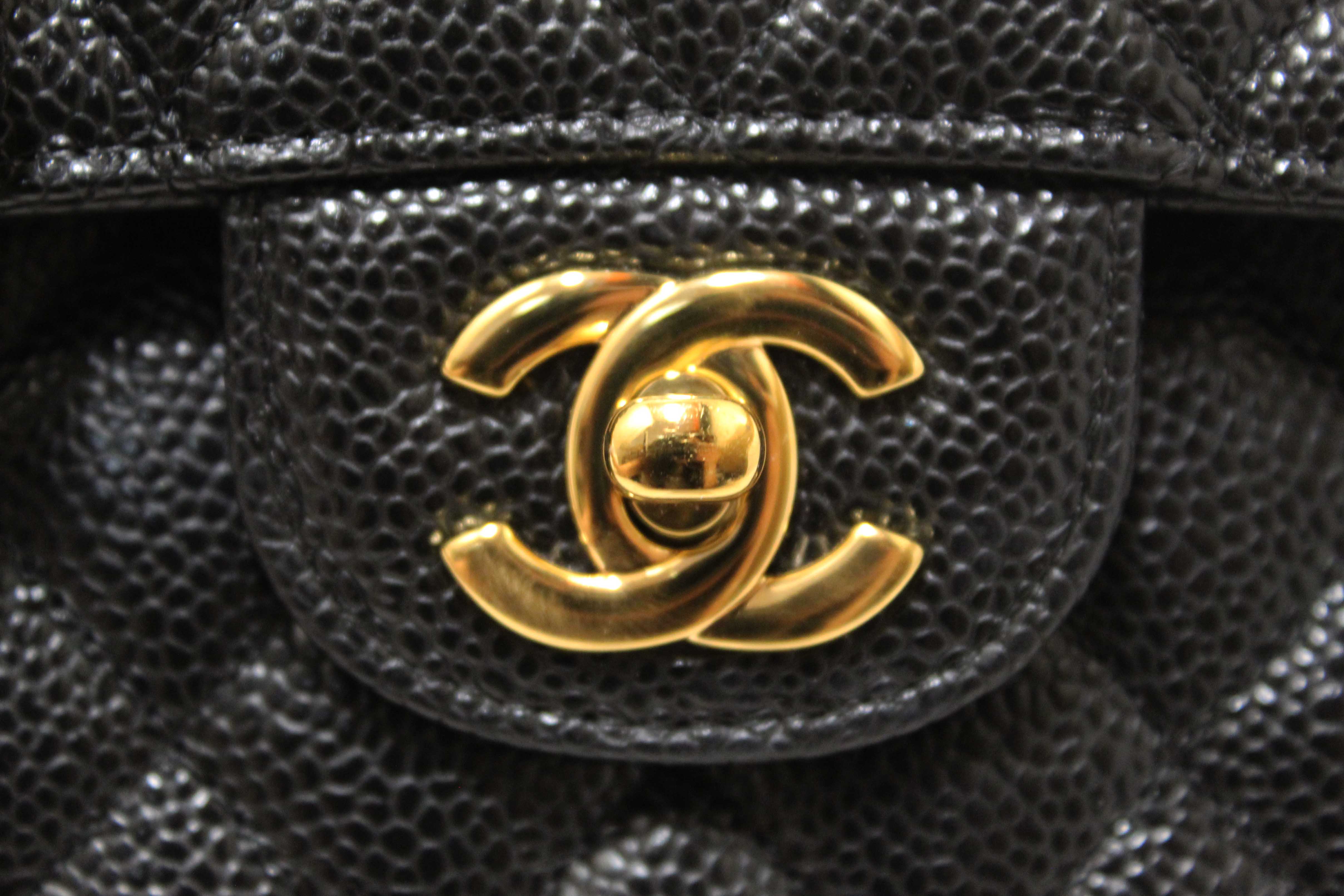 Authentic Chanel Classic Black Quilted Caviar Leather Classic Medium Double Flap Bag