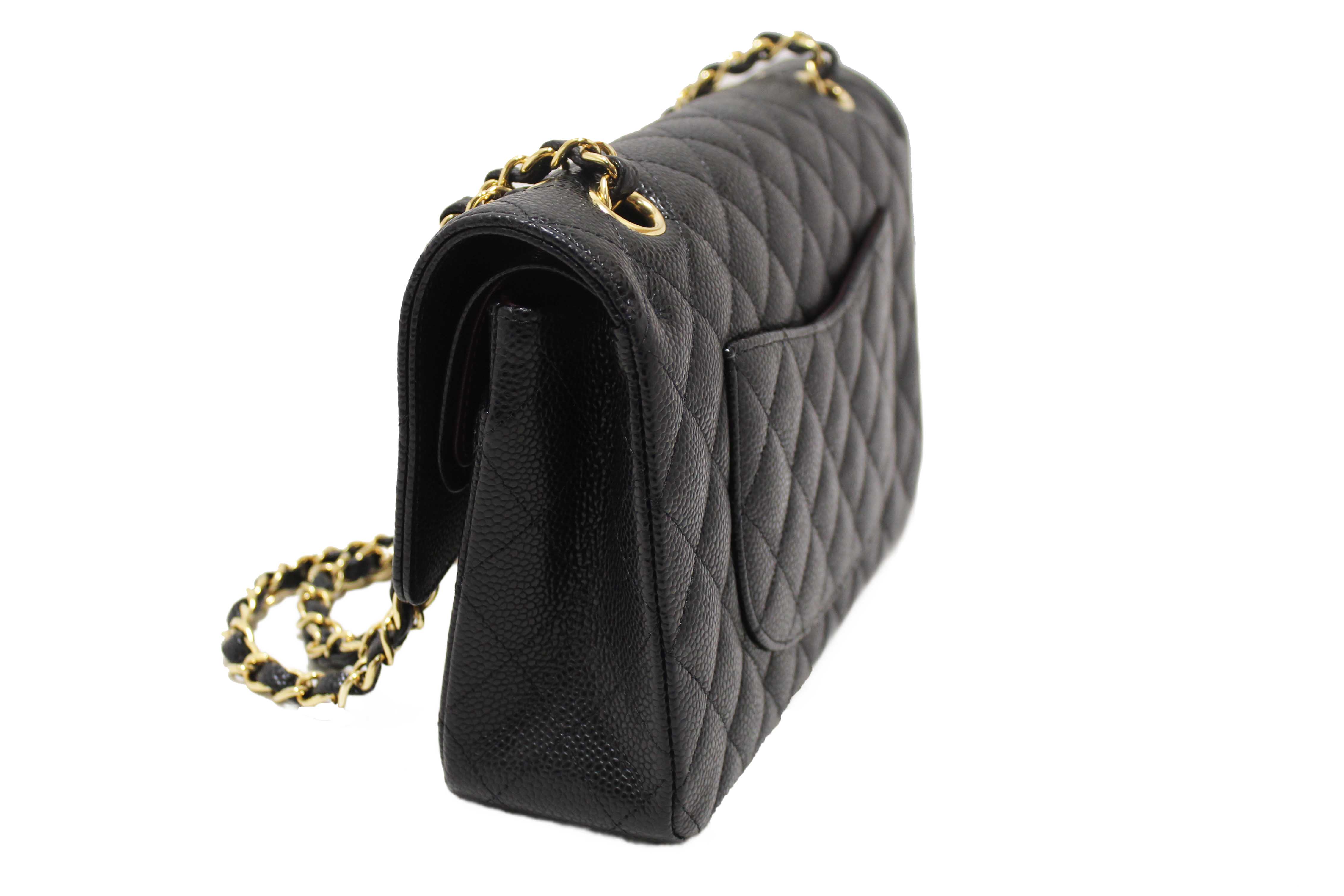 Authentic Chanel Classic Black Quilted Caviar Leather Classic Medium Double Flap Bag