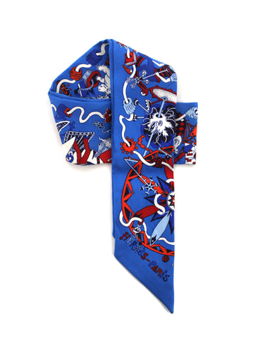 Authentic Hermes Blue Red White Tie Narrow Logo Silk Twilly Scarf