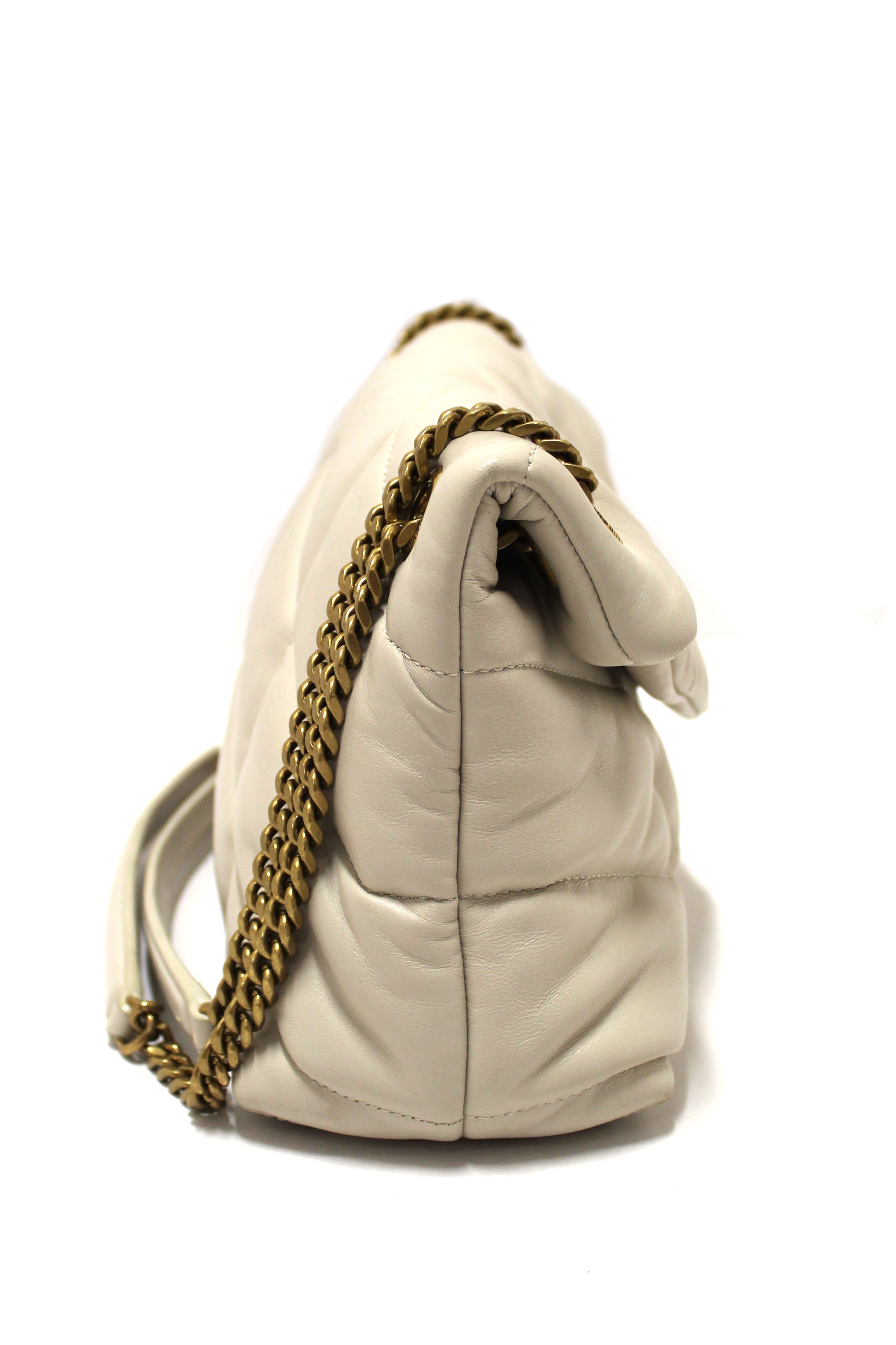 Authentic Yves Saint Laurent White Quilted Lambskin Toy Loulou Puffer Monogram Chain Satchel Bag