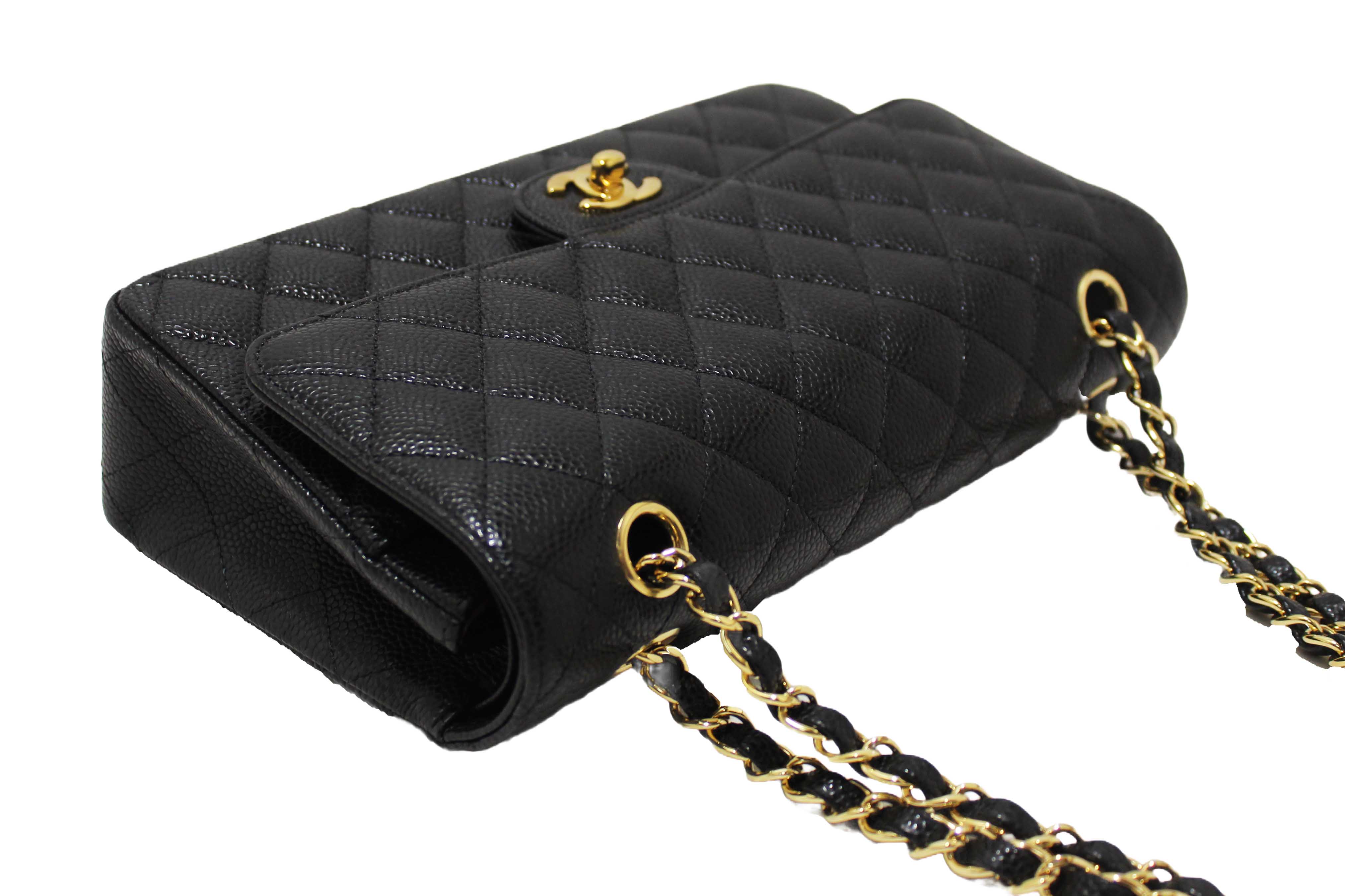 Authentic Chanel Classic Black Quilted Caviar Leather Classic Medium Double Flap Bag