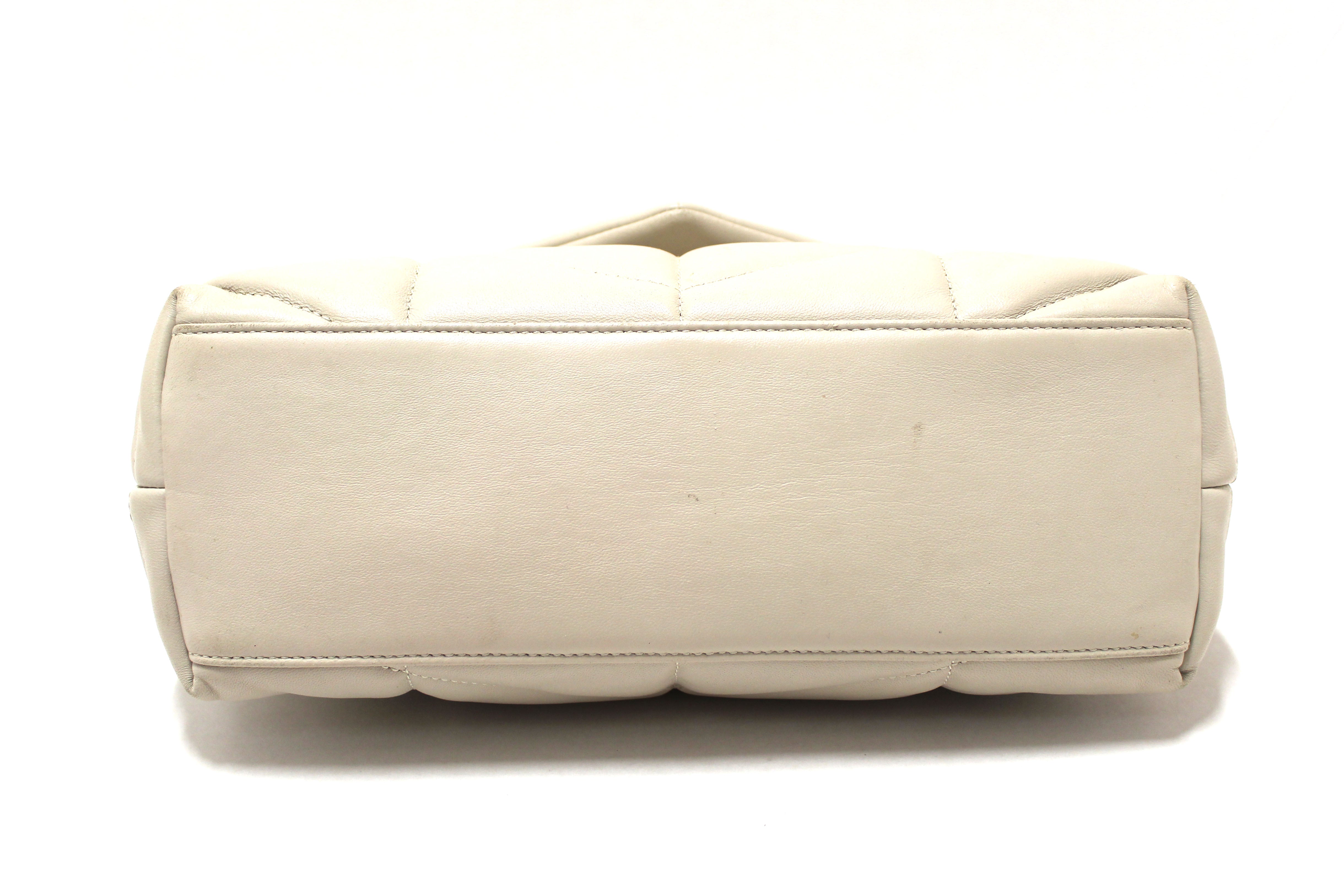 Authentic Yves Saint Laurent White Quilted Lambskin Toy Loulou Puffer Monogram Chain Satchel Bag