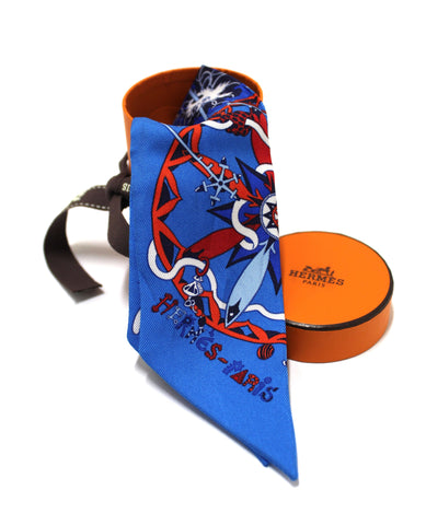 Authentic Hermes Blue Red White Tie Narrow Logo Silk Twilly Scarf