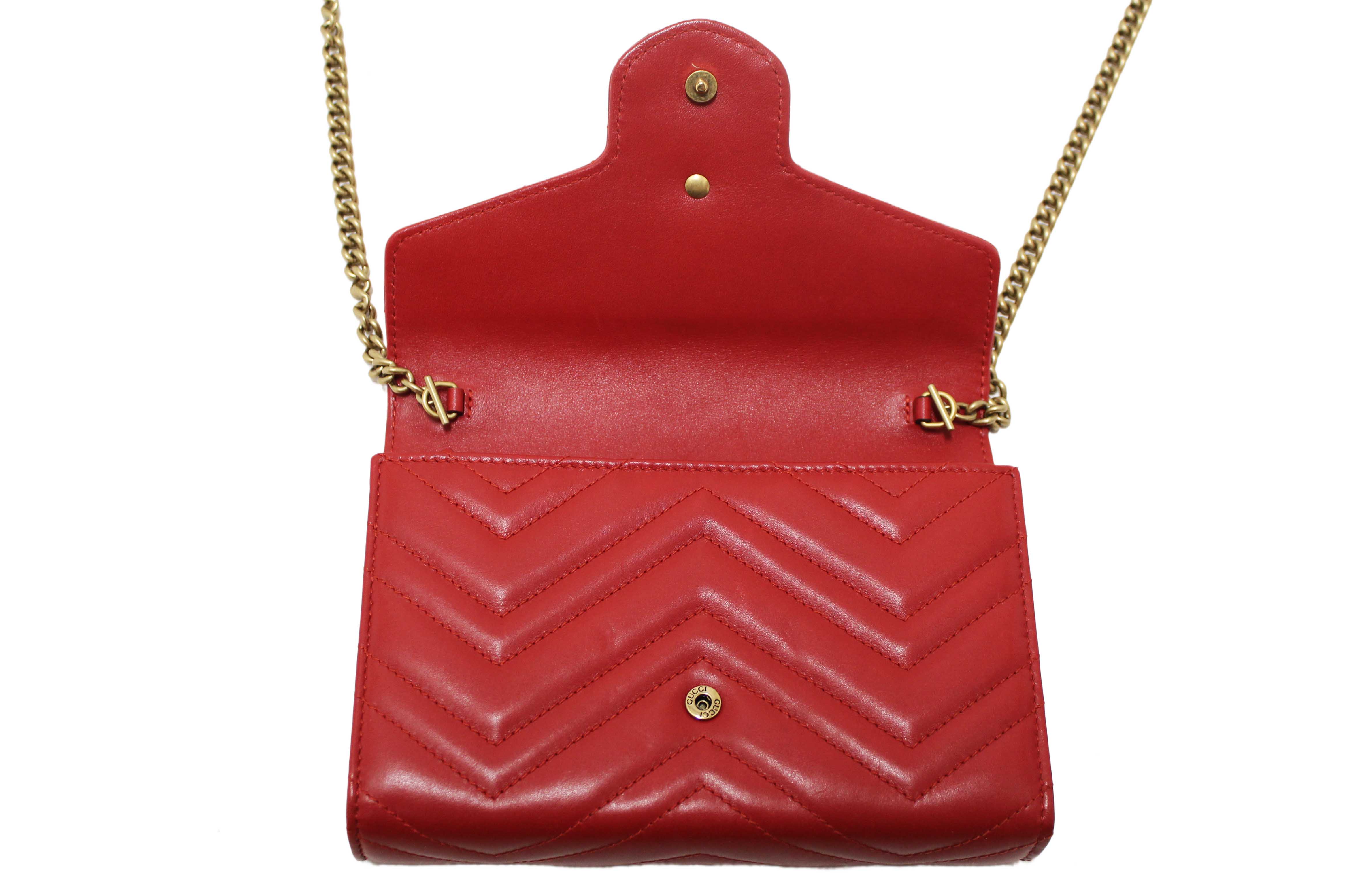 Authentic Gucci Red Marmont Matelassé Chevron Leather Mini Bag
