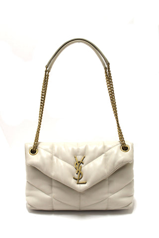 Authentic Yves Saint Laurent White Quilted Lambskin Toy Loulou Puffer Monogram Chain Satchel Bag