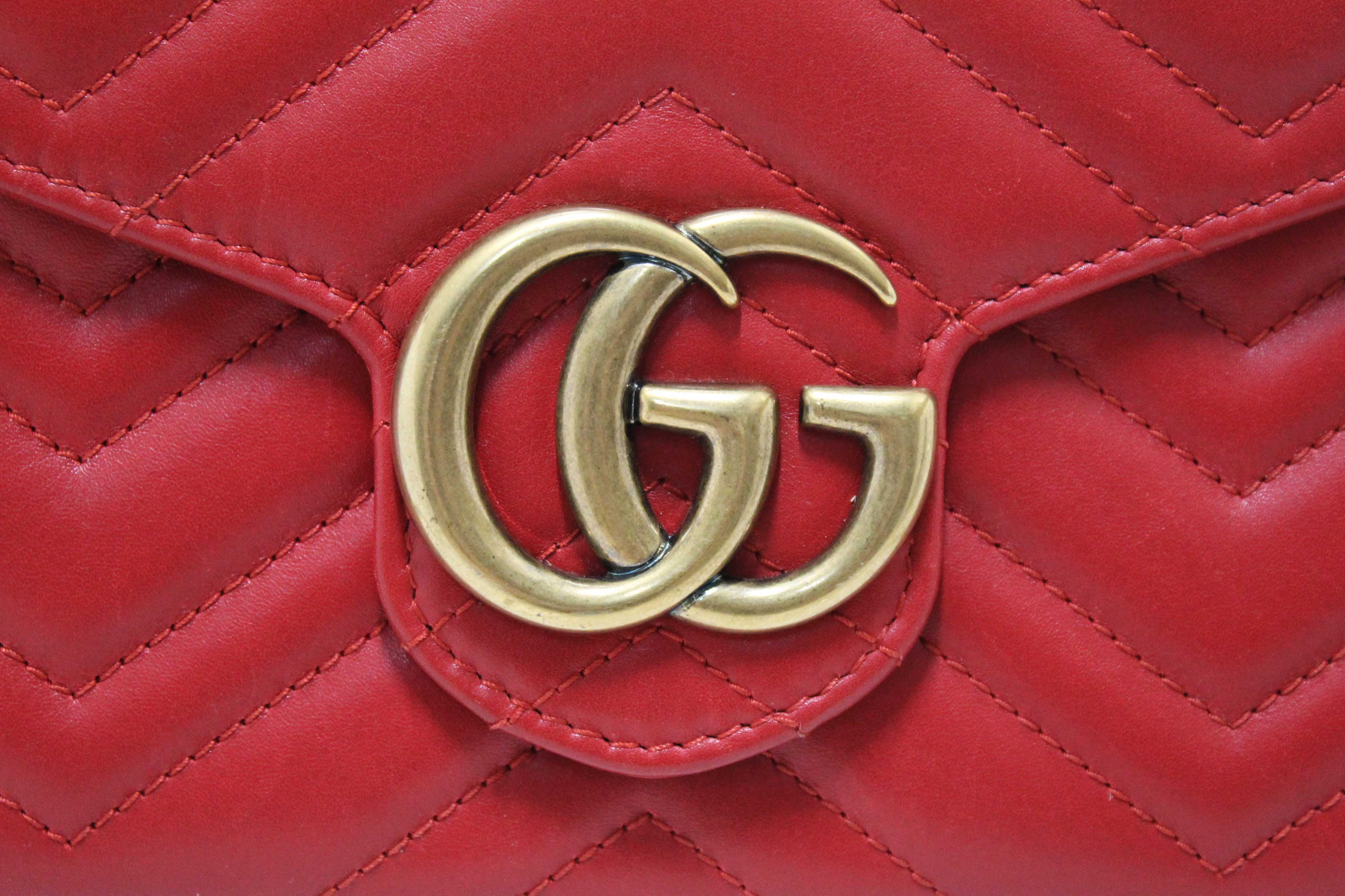 Authentic Gucci Red Marmont Matelassé Chevron Leather Mini Bag