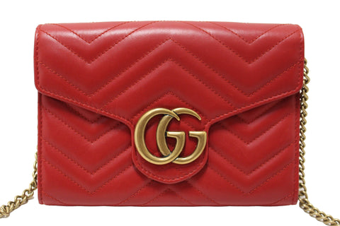 Authentic Gucci Red Marmont Matelassé Chevron Leather Mini Bag