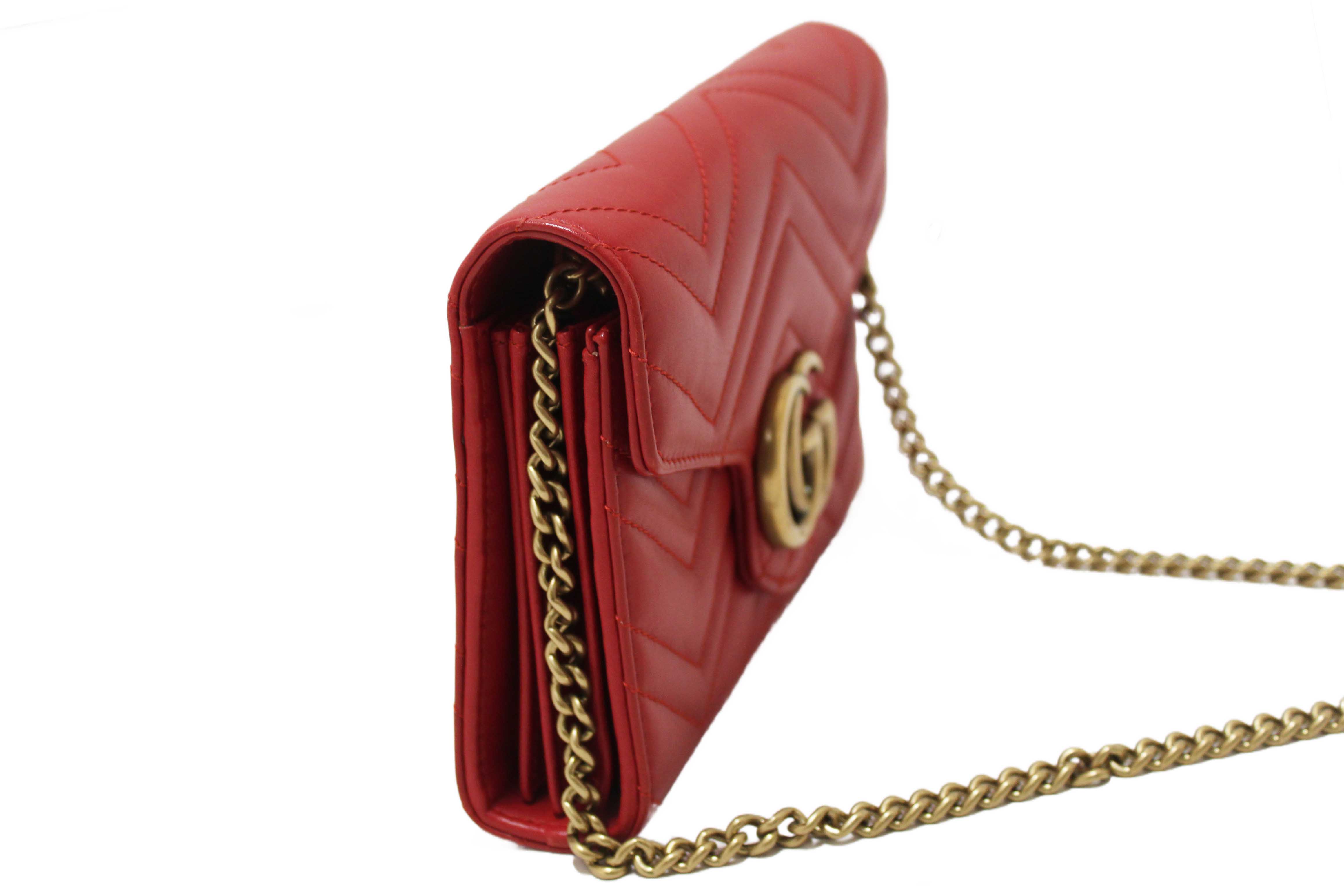 Authentic Gucci Red Marmont Matelassé Chevron Leather Mini Bag