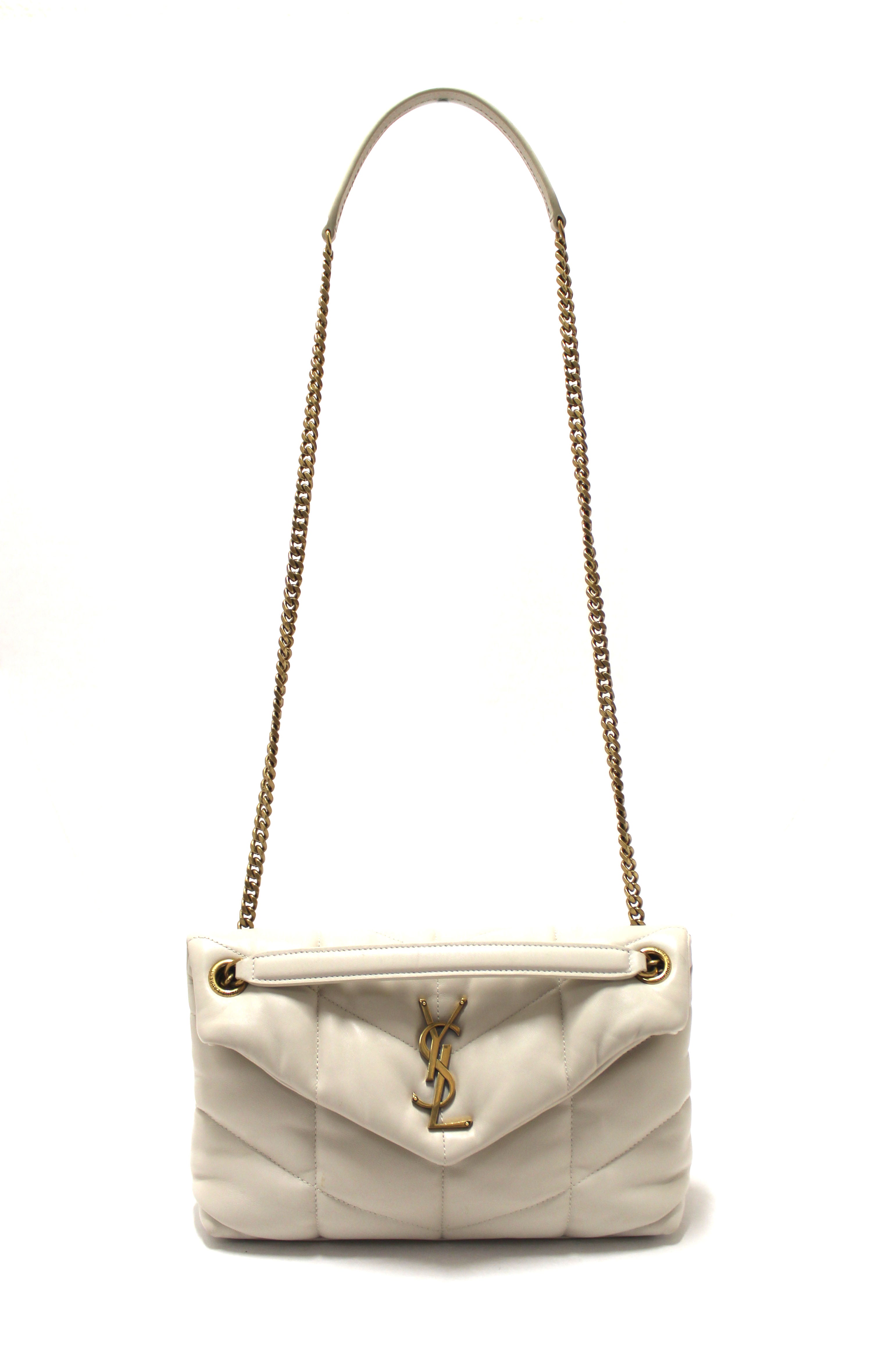 Authentic Yves Saint Laurent White Quilted Lambskin Toy Loulou Puffer Monogram Chain Satchel Bag