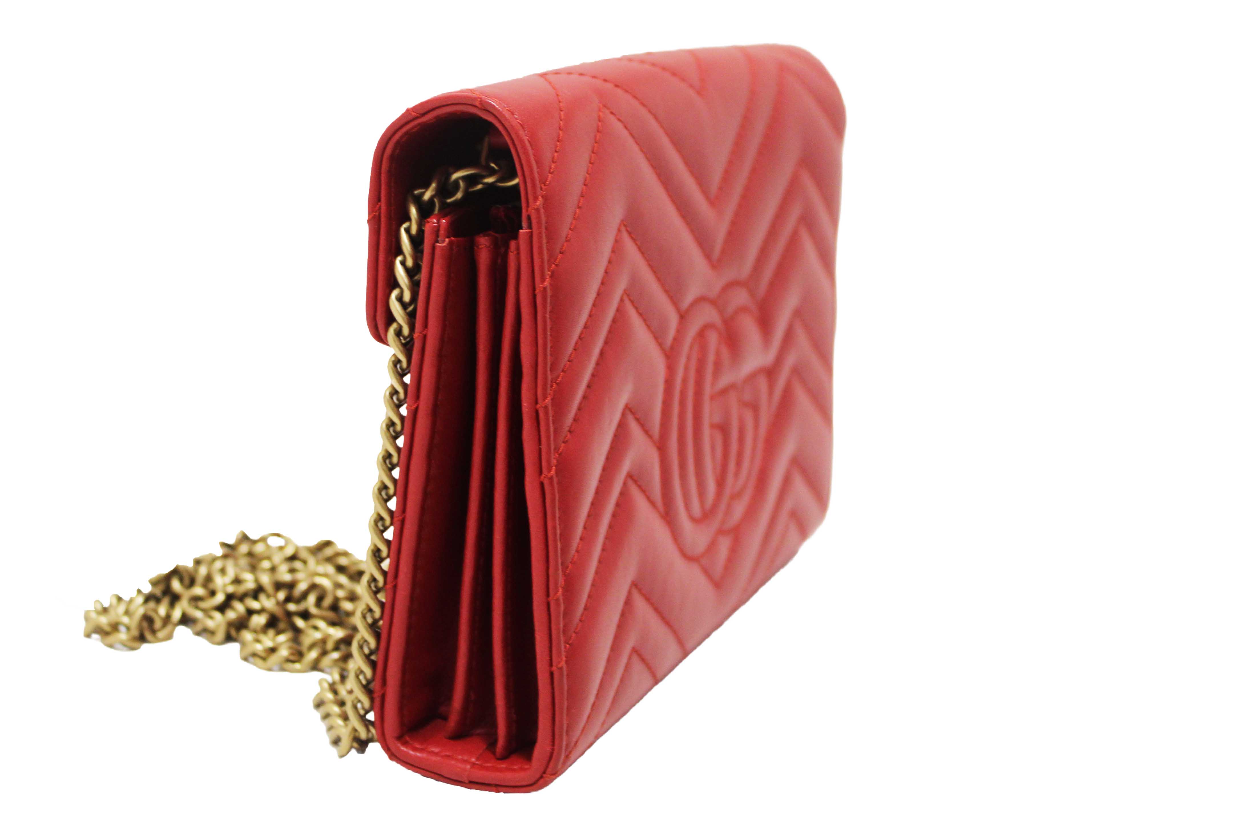 Authentic Gucci Red Marmont Matelassé Chevron Leather Mini Bag
