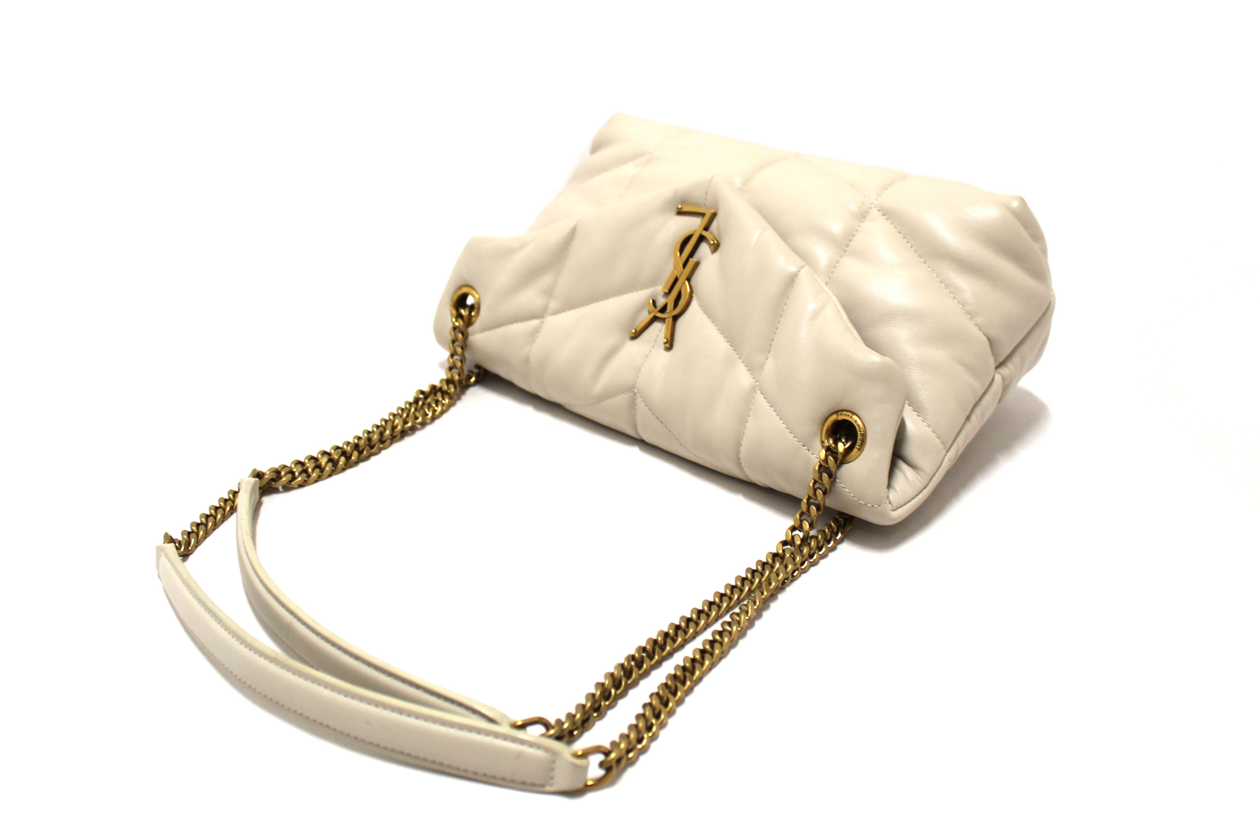Authentic Yves Saint Laurent White Quilted Lambskin Toy Loulou Puffer Monogram Chain Satchel Bag