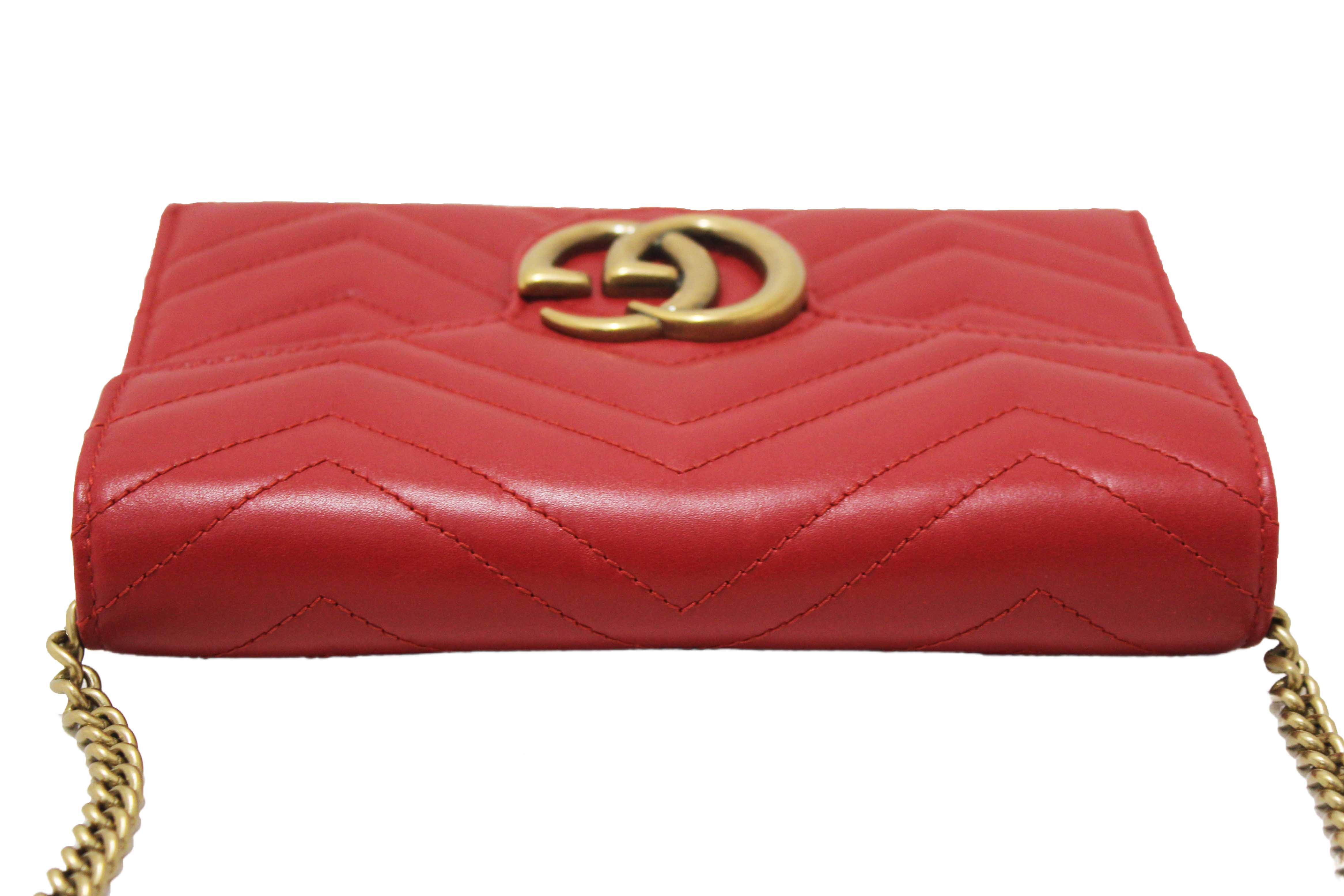 Authentic Gucci Red Marmont Matelassé Chevron Leather Mini Bag