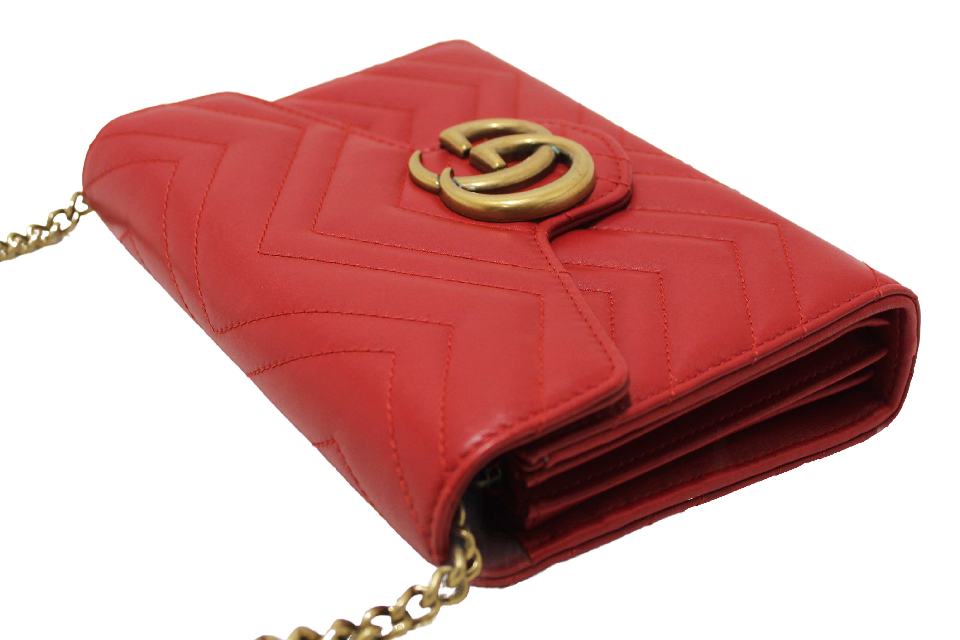 Authentic Gucci Red Marmont Matelassé Chevron Leather Mini Bag