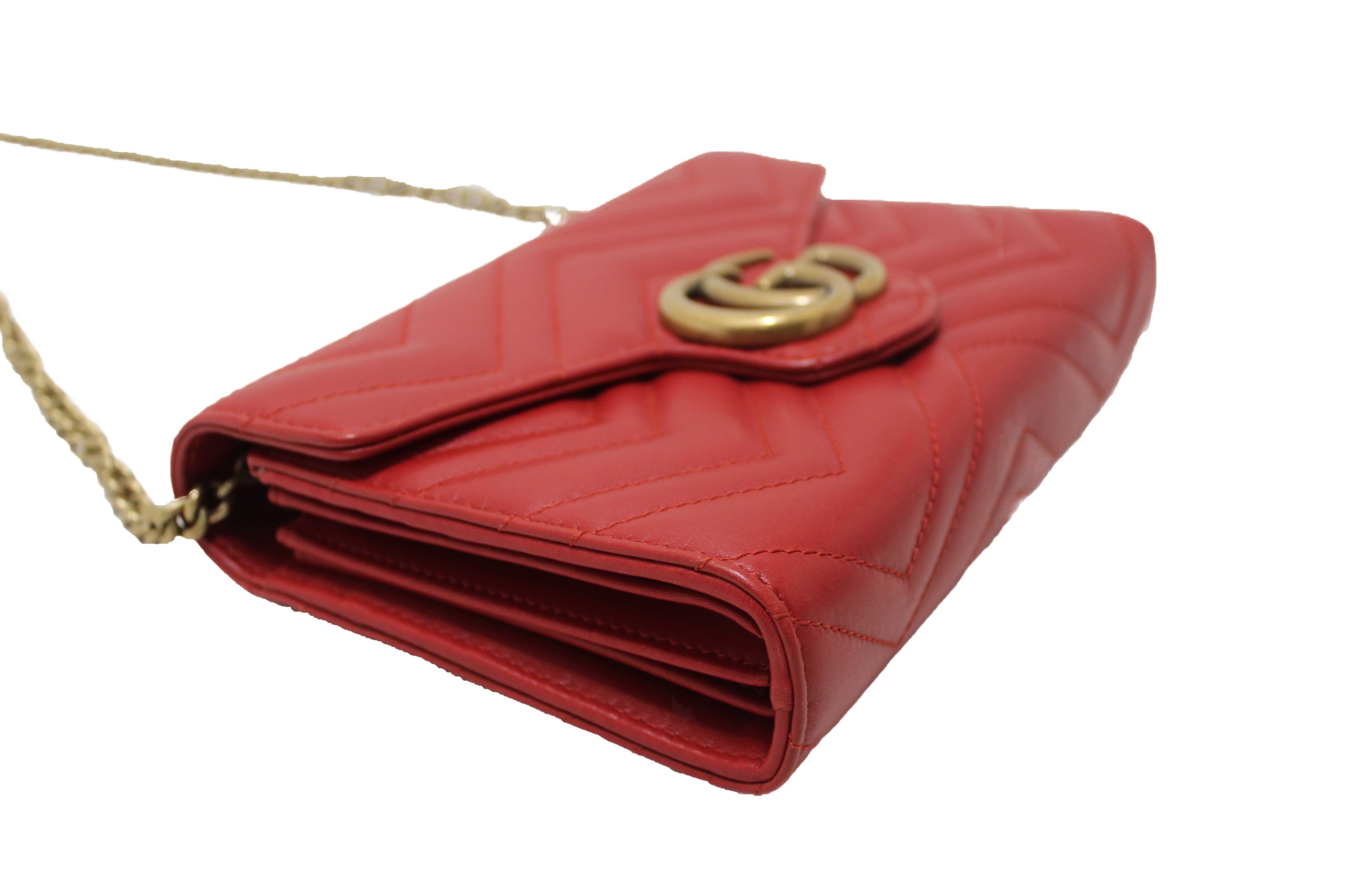 Authentic Gucci Red Marmont Matelassé Chevron Leather Mini Bag