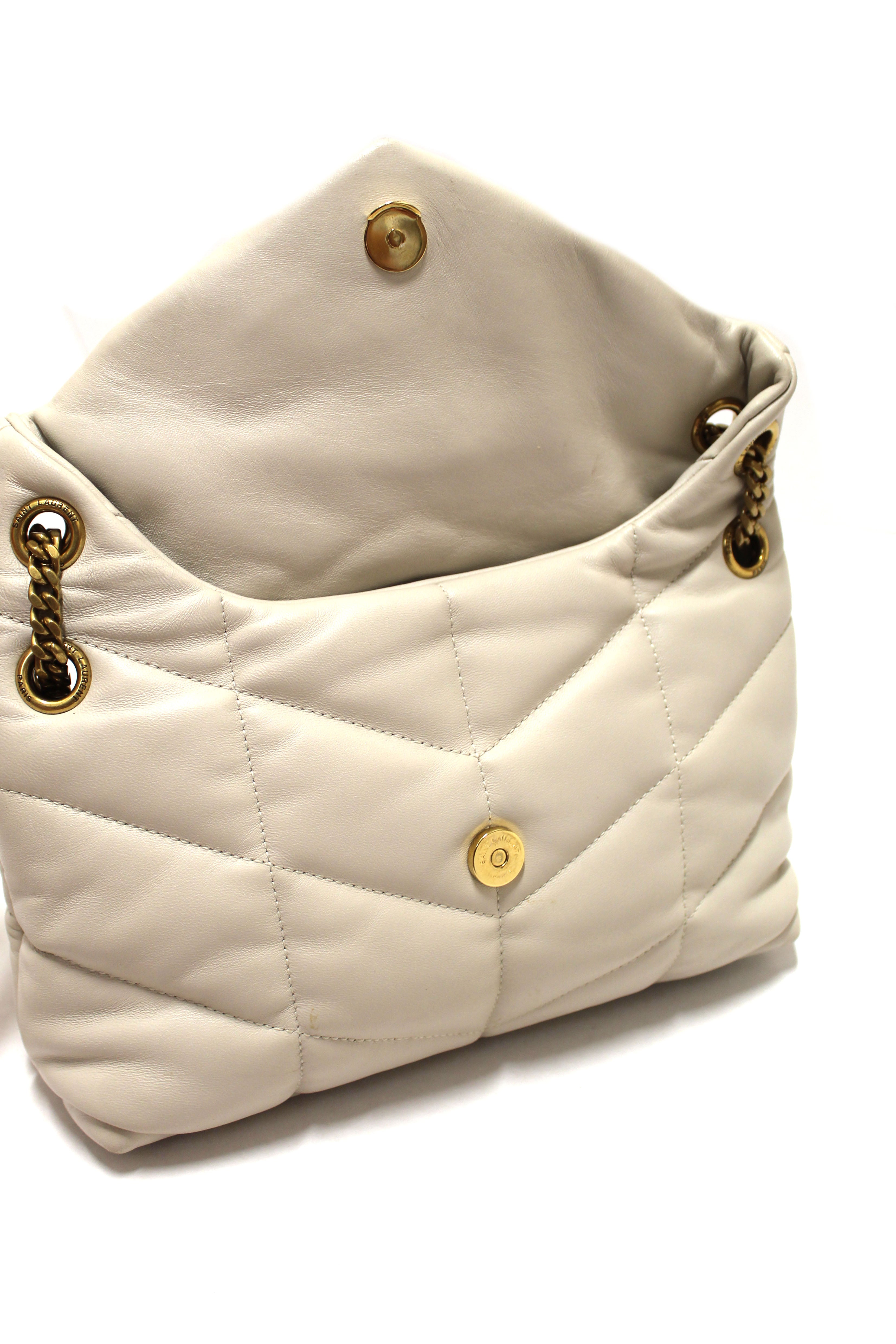 Authentic Yves Saint Laurent White Quilted Lambskin Toy Loulou Puffer Monogram Chain Satchel Bag