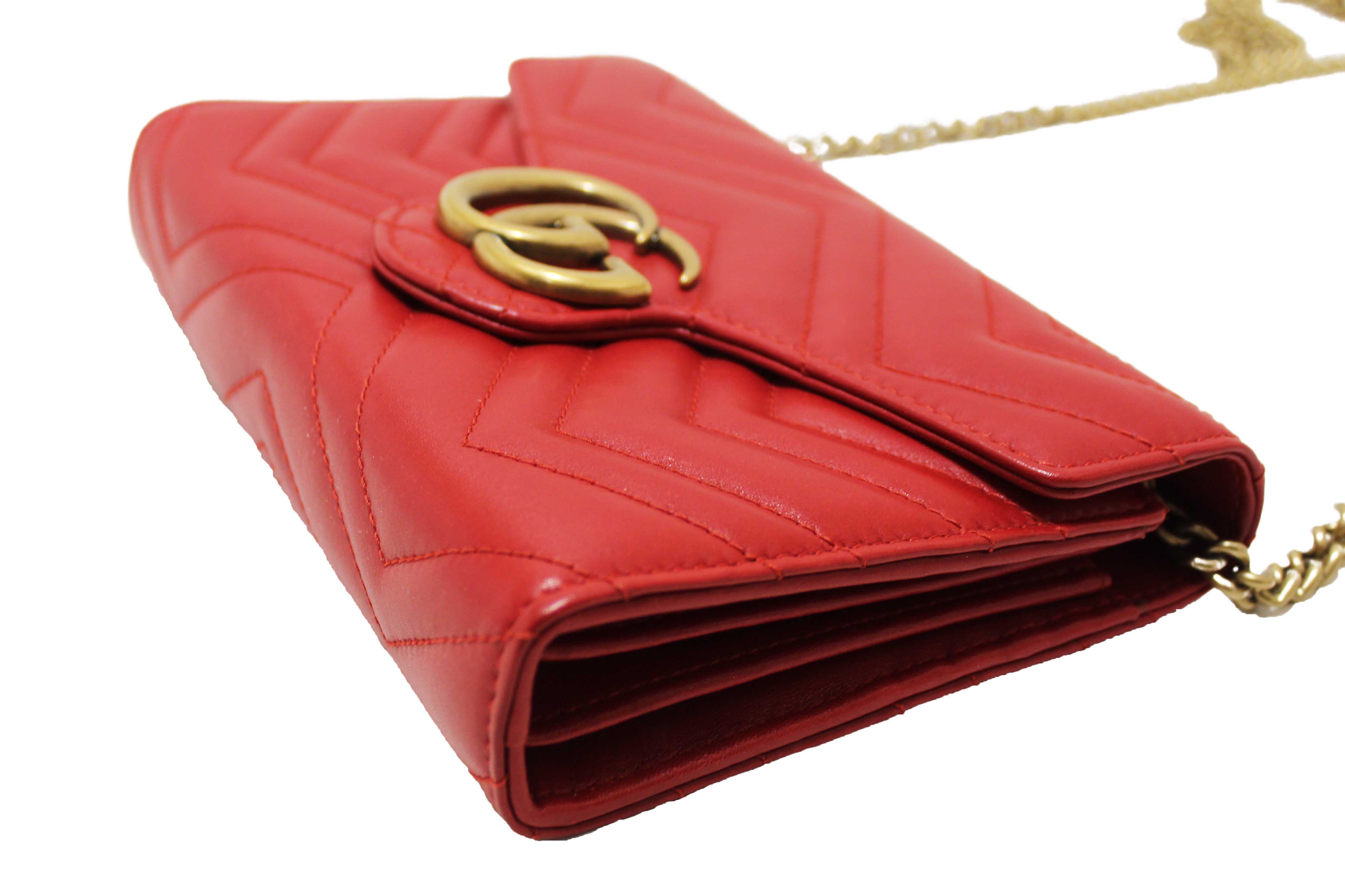 Authentic Gucci Red Marmont Matelassé Chevron Leather Mini Bag