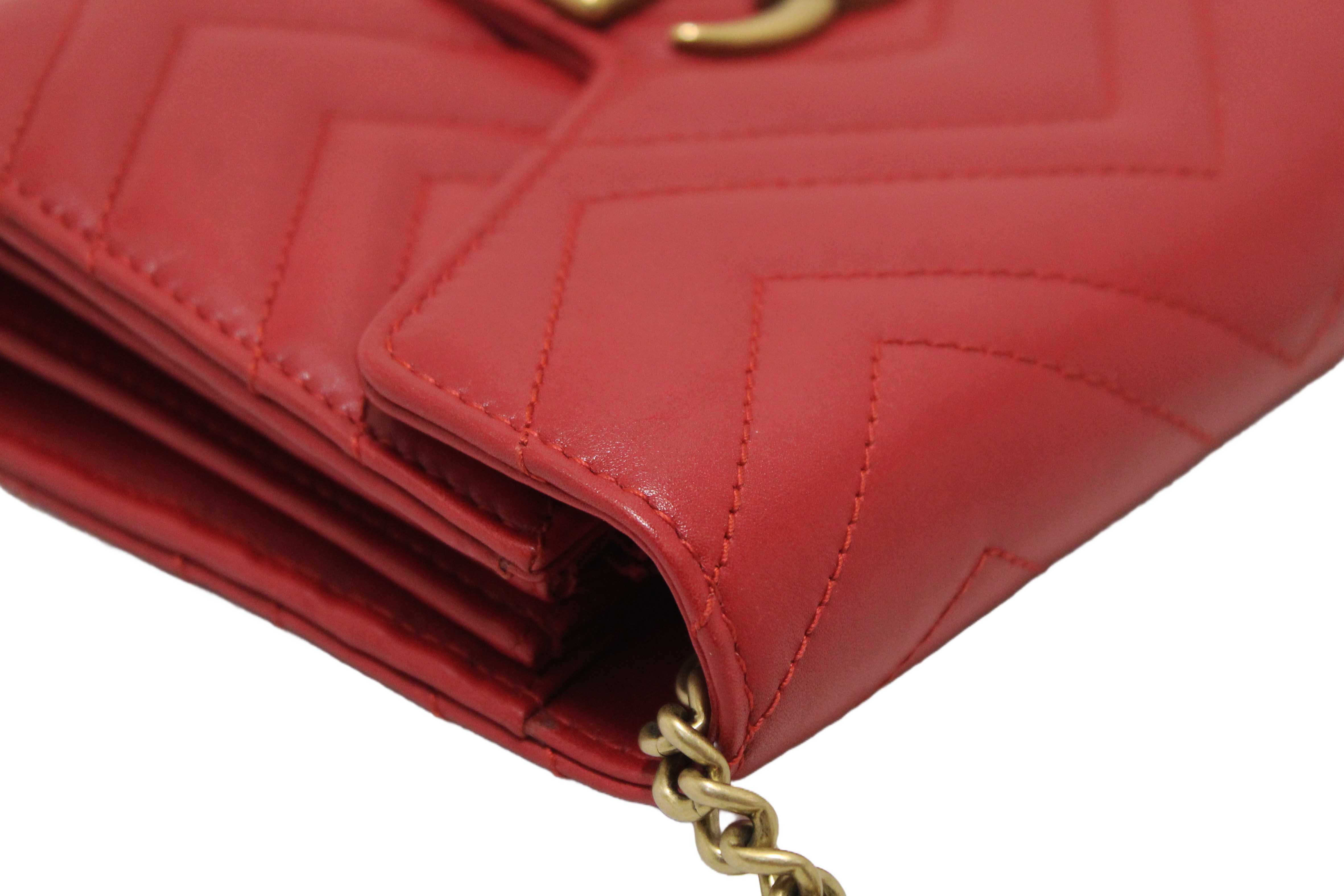 Authentic Gucci Red Marmont Matelassé Chevron Leather Mini Bag