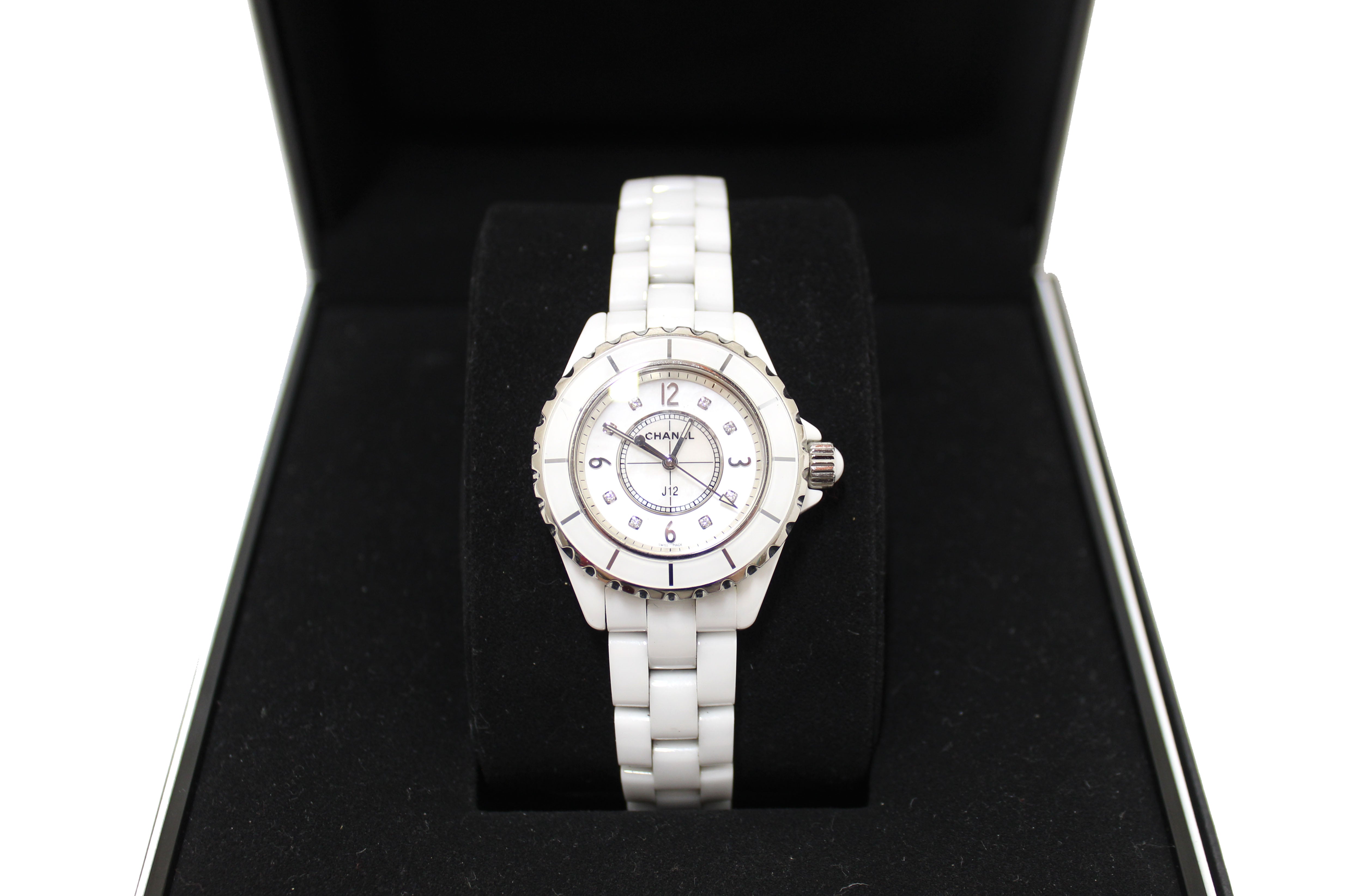 Authentic Chanel White Ceramic J12 Diamond Quatz Watch 33mm H2422