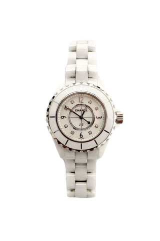 Authentic Chanel White Ceramic J12 Diamond Quatz Watch 33mm H2422