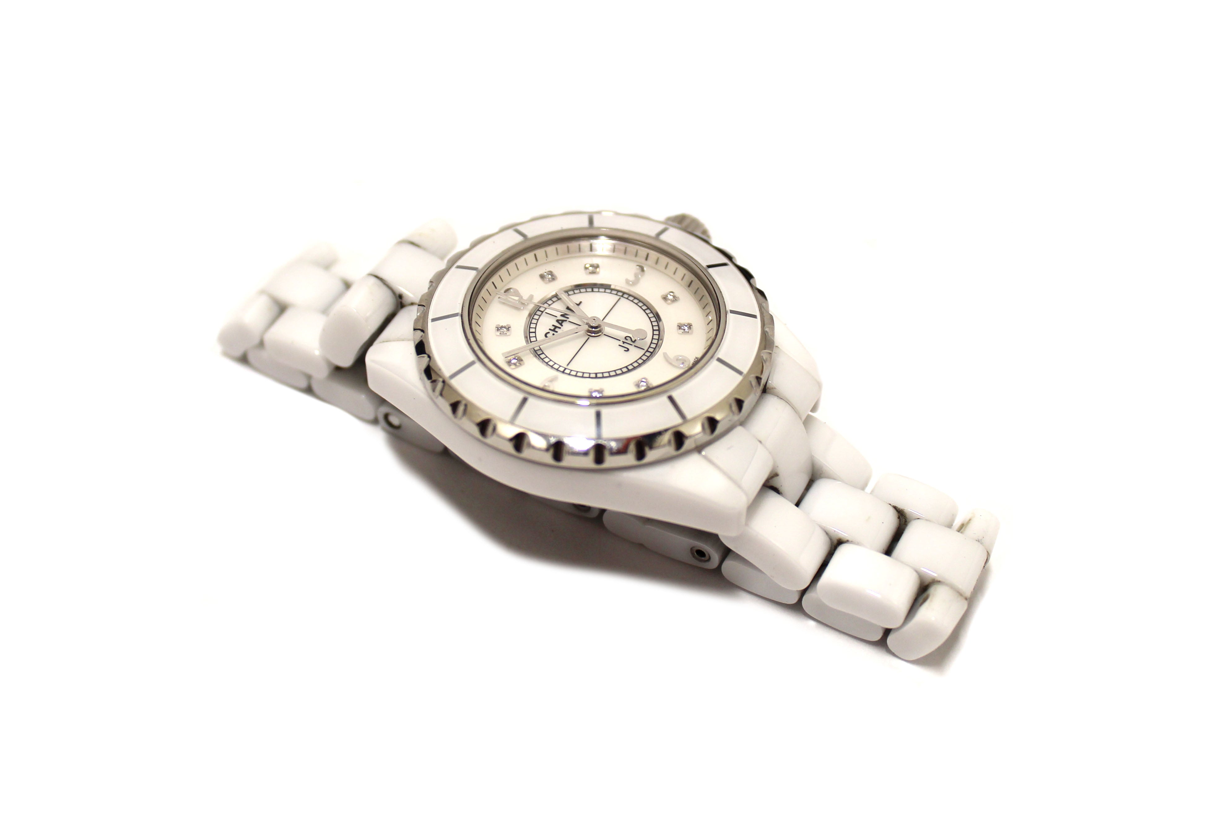 Authentic Chanel White Ceramic J12 Diamond Quatz Watch 33mm H2422