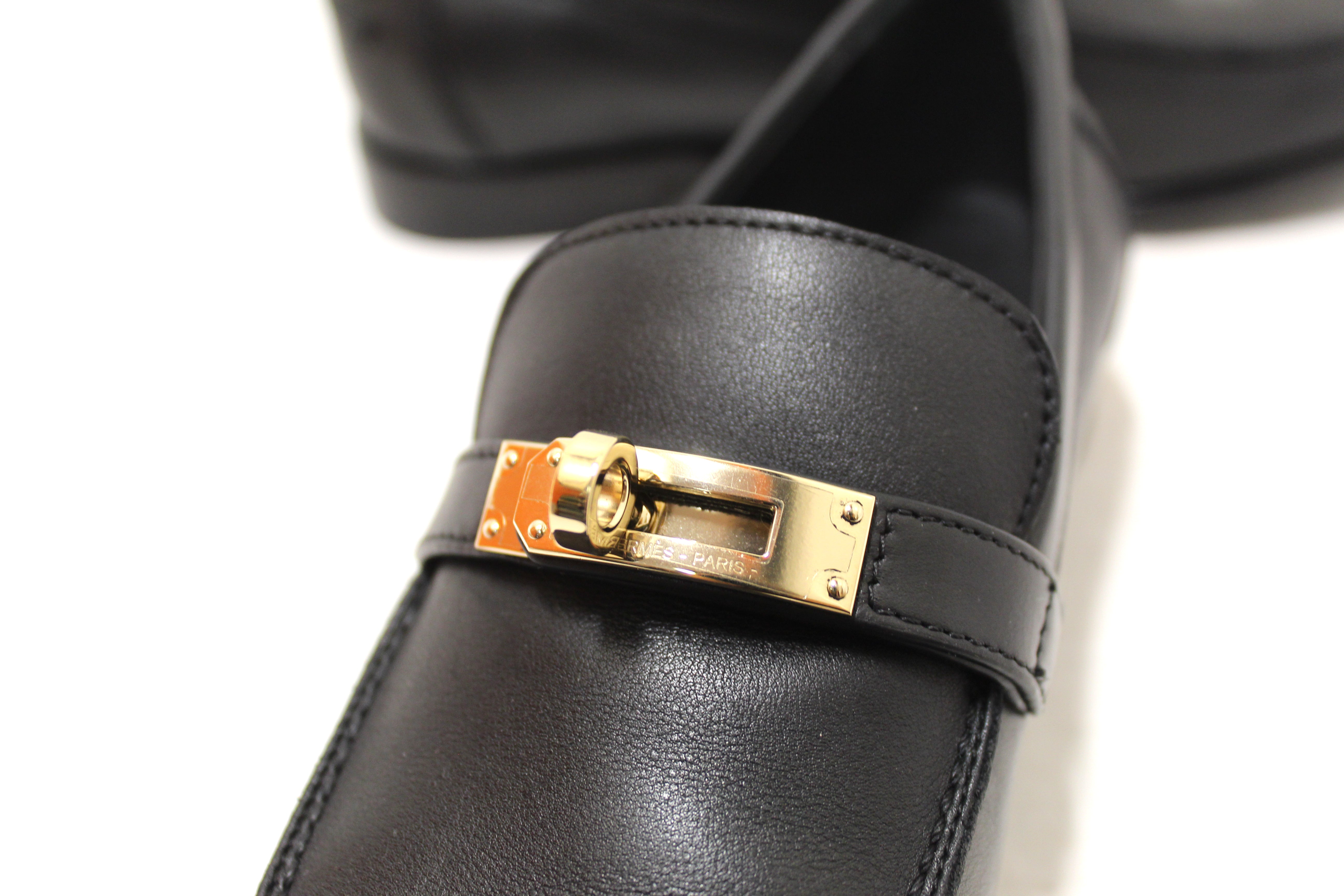Authentic New Hermes Black Leather Destin Loafer Shoes Size 36