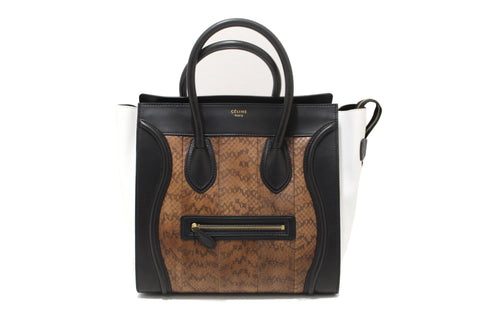 Authentic Celine Large Black/White/Brown Python Tri-Color Luggage Handbag
