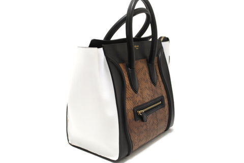 Authentic Celine Large Black/White/Brown Python Tri-Color Luggage Handbag