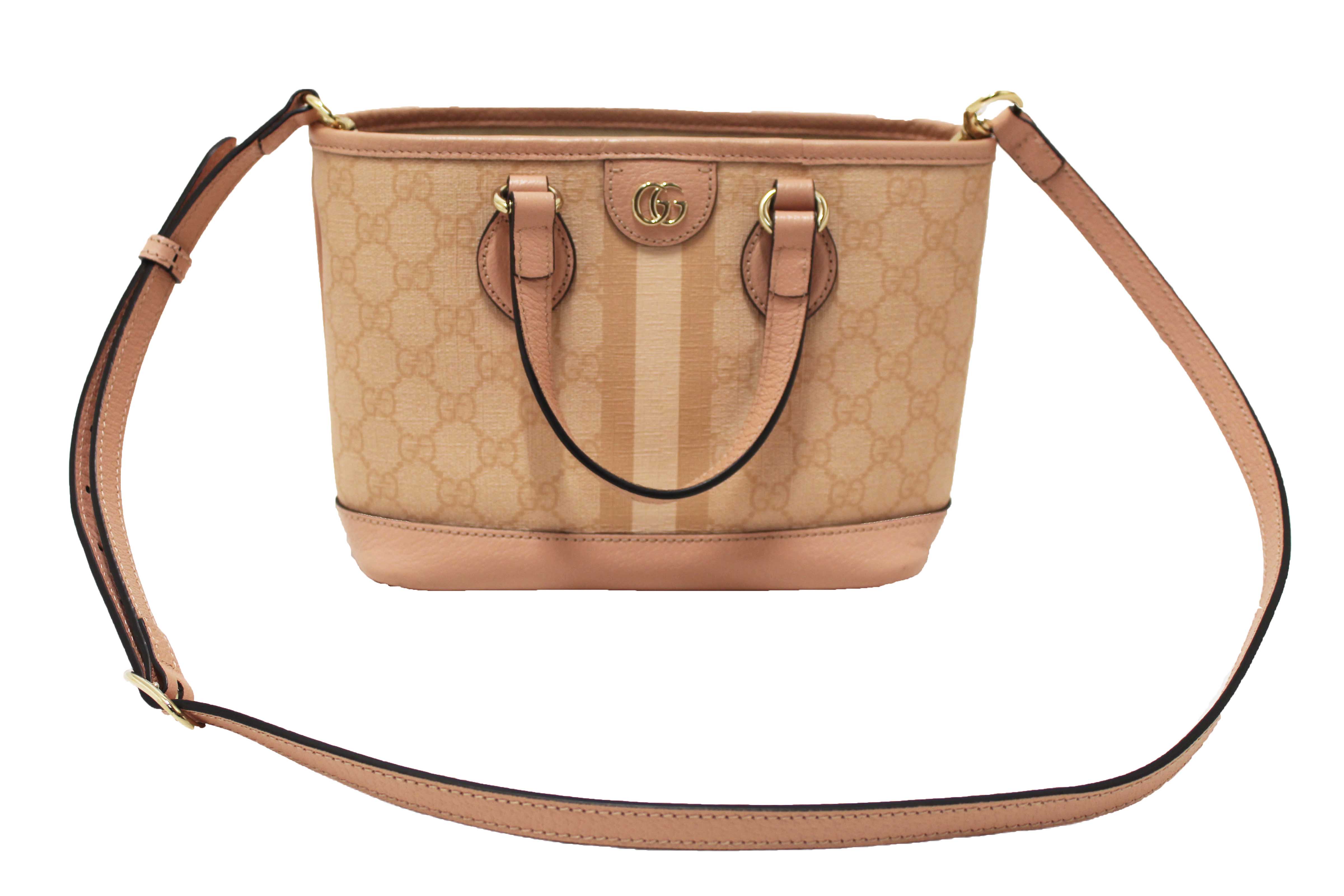 Authentic Gucci Pink And White GG Supreme Ophidia Small Tote Bag 811716
