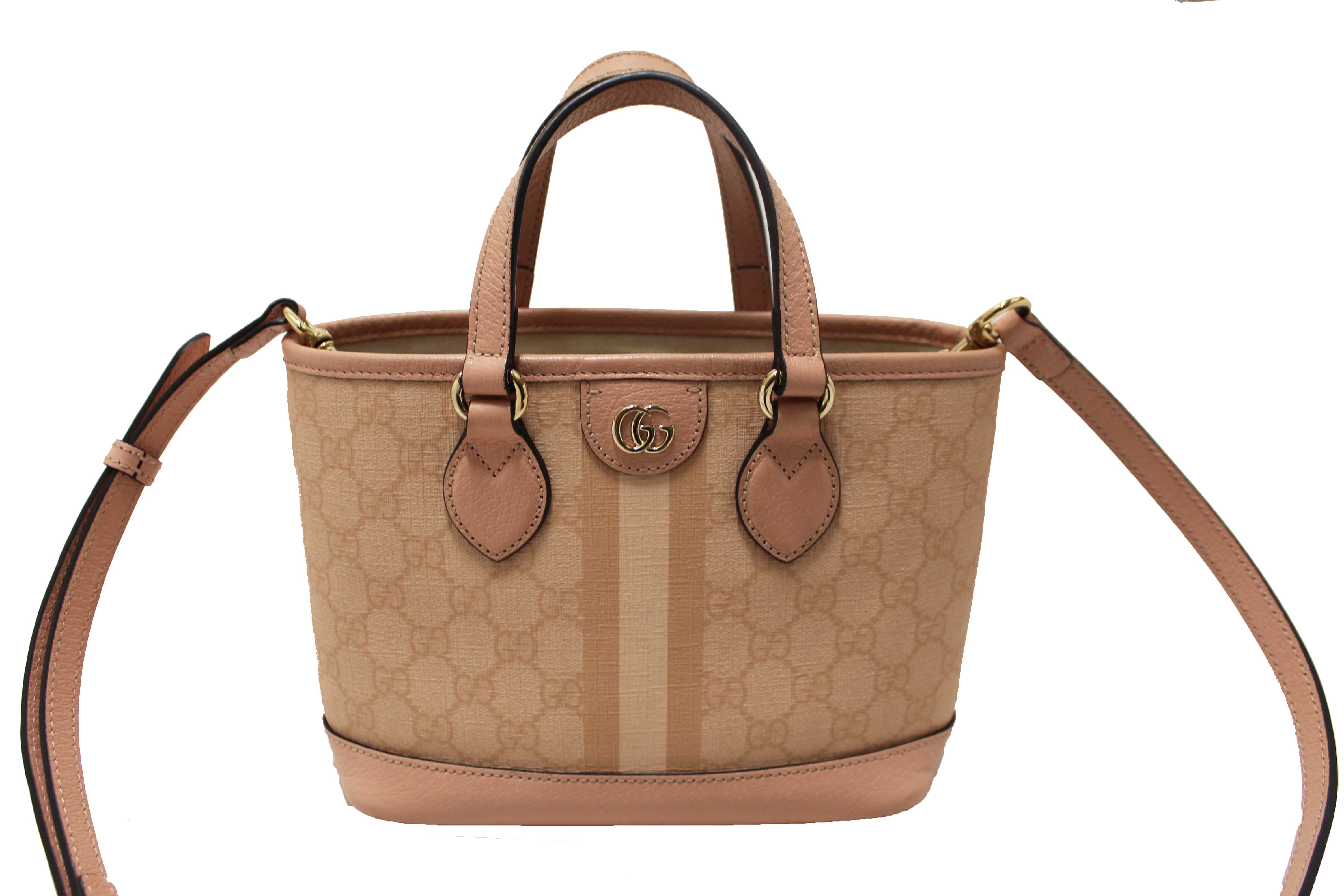 Authentic Gucci Pink And White GG Supreme Ophidia Small Tote Bag 811716