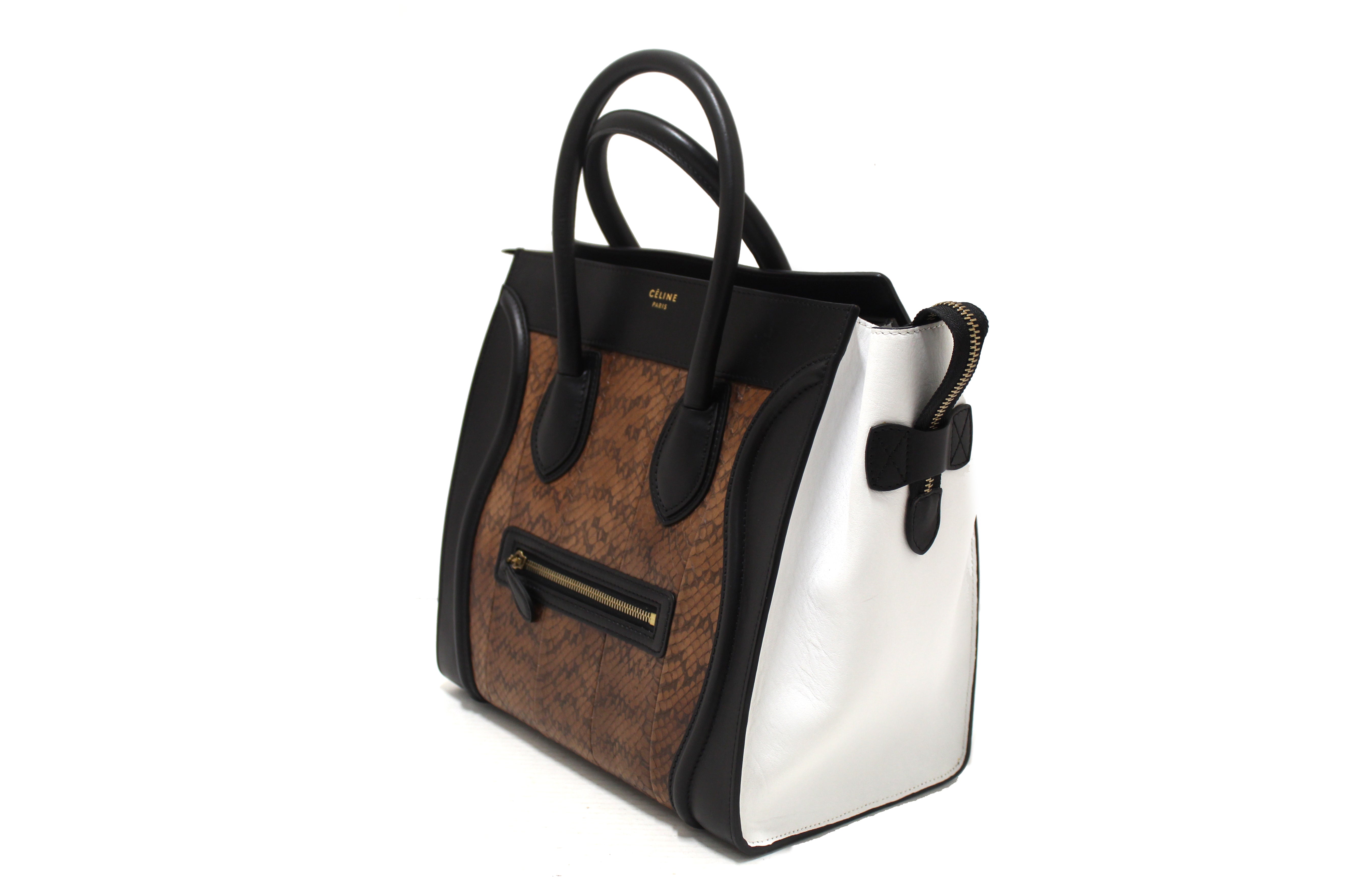 Authentic Celine Large Black/White/Brown Python Tri-Color Luggage Handbag