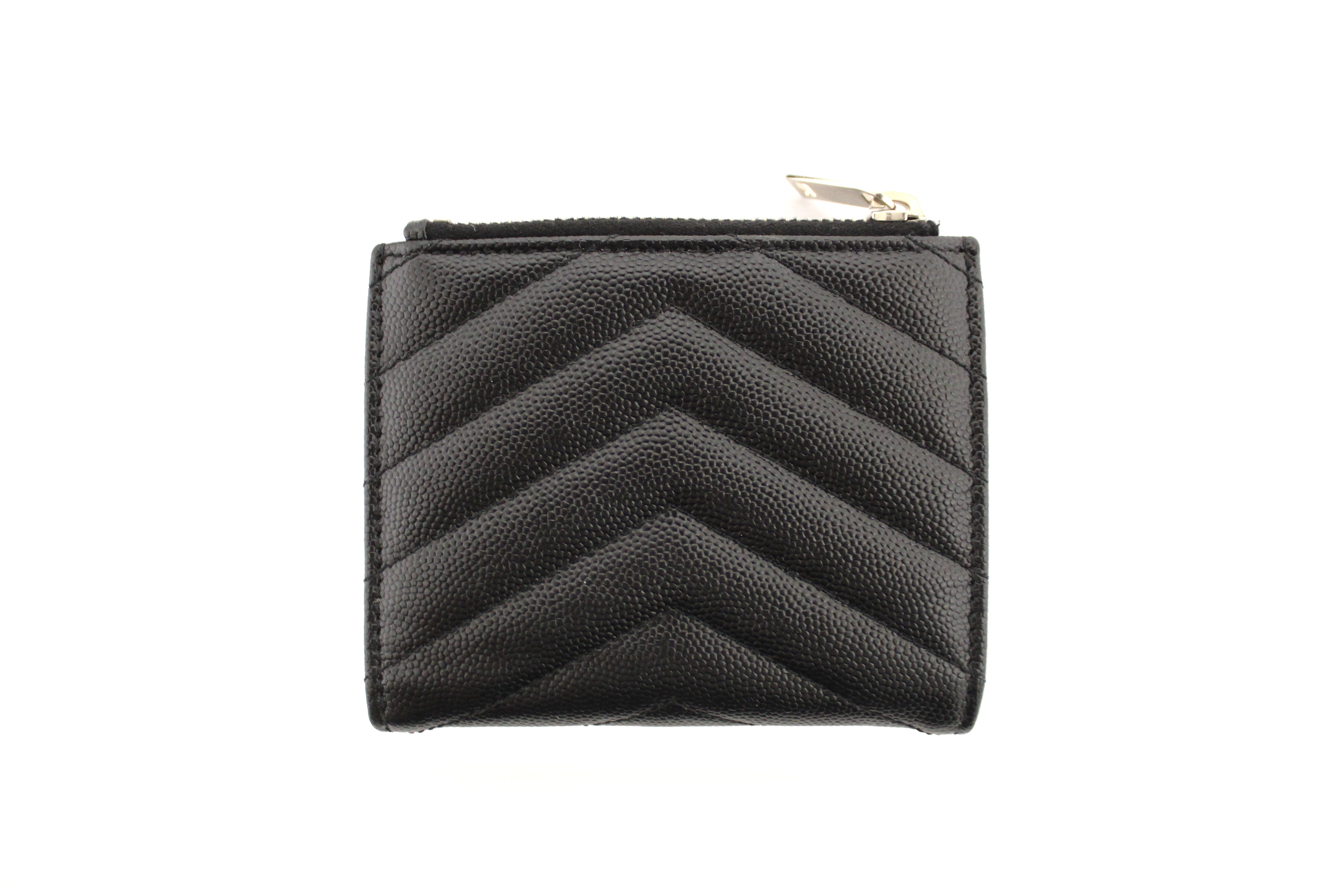 Authentic Saint Laurent Black Matelasse Grain De Poudre Embossed Leather Bi-Fold Wallet