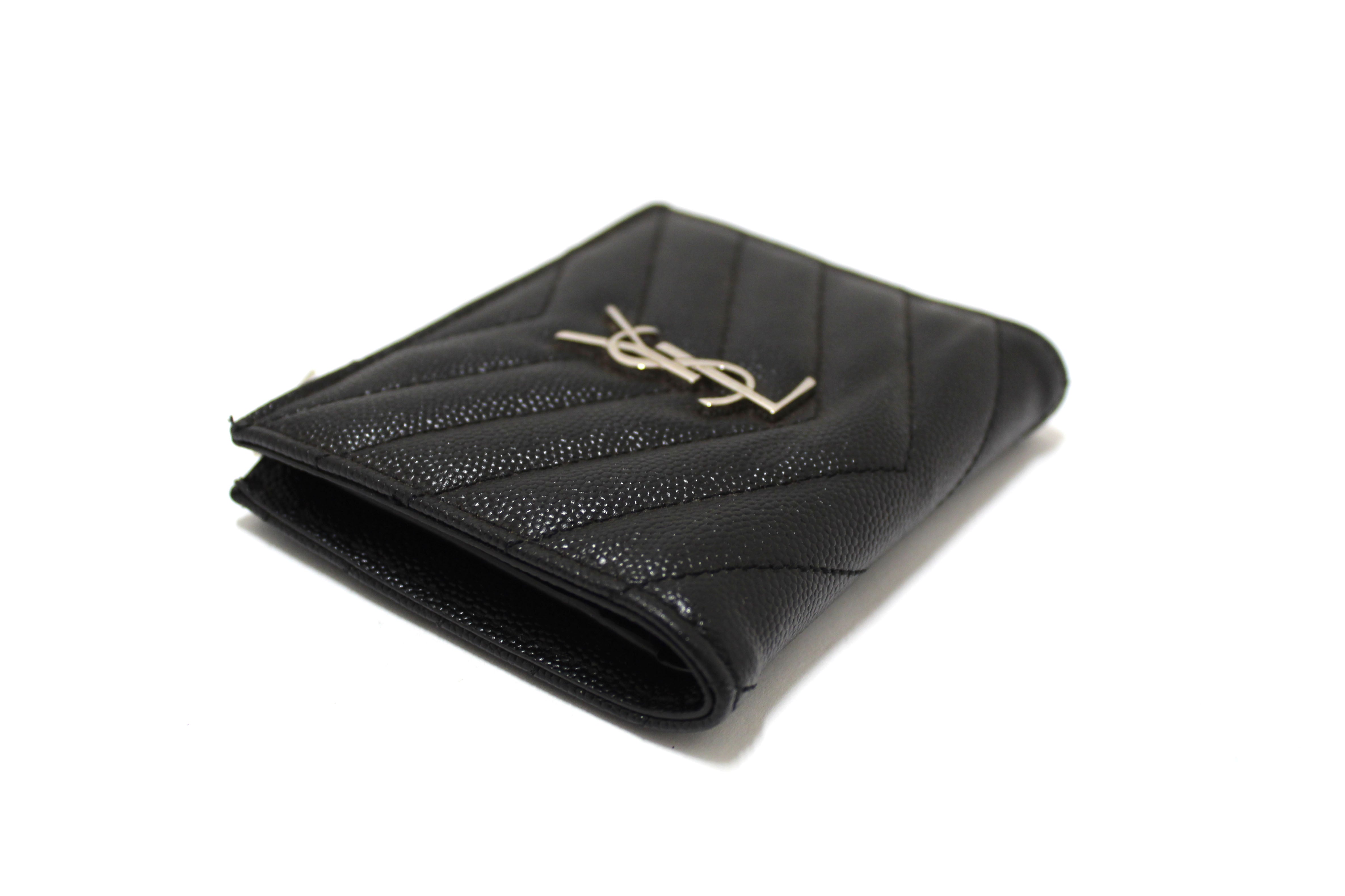 Authentic Saint Laurent Black Matelasse Grain De Poudre Embossed Leather Bi-Fold Wallet