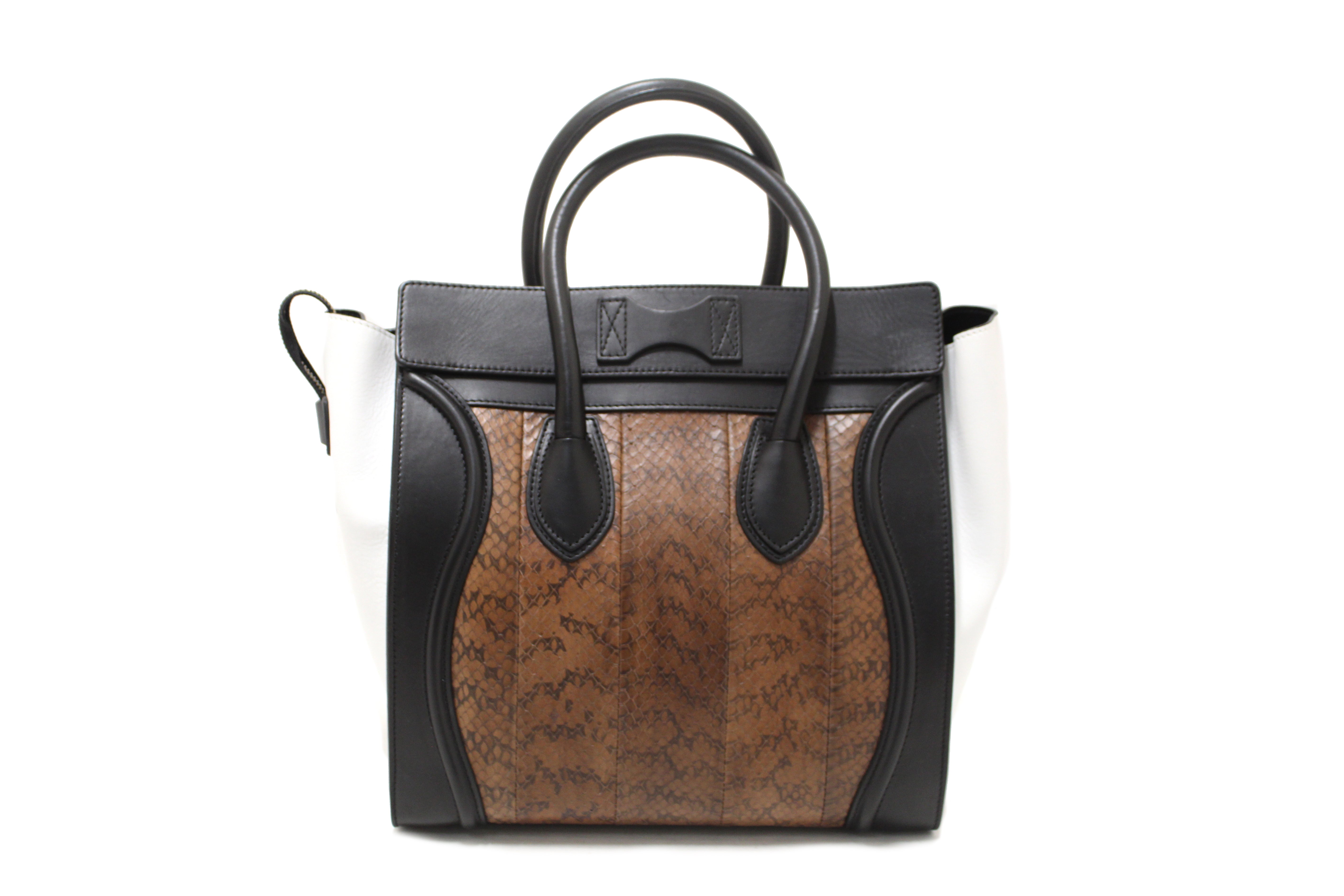 Authentic Celine Large Black/White/Brown Python Tri-Color Luggage Handbag