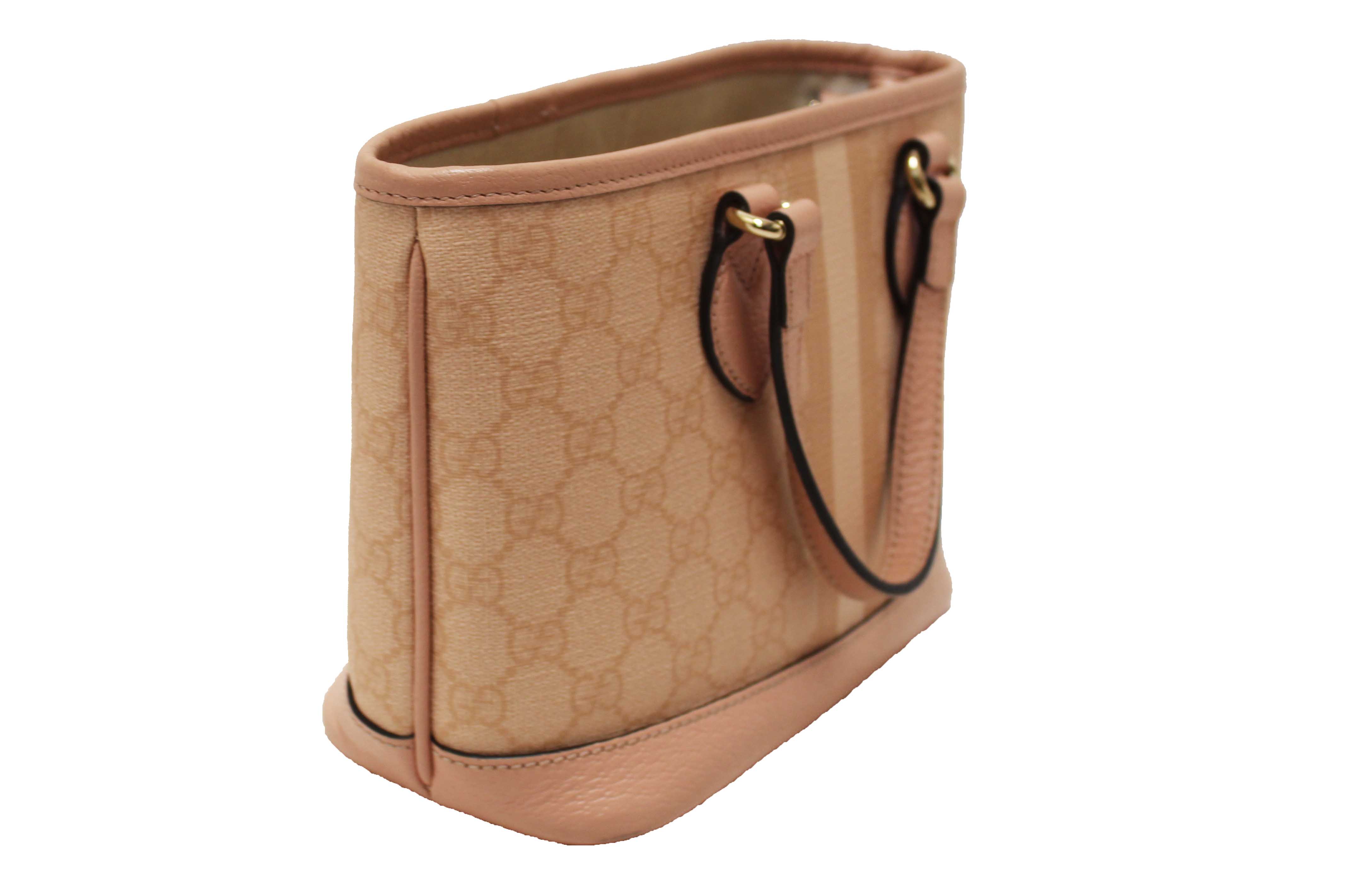 Authentic Gucci Pink And White GG Supreme Ophidia Small Tote Bag 811716