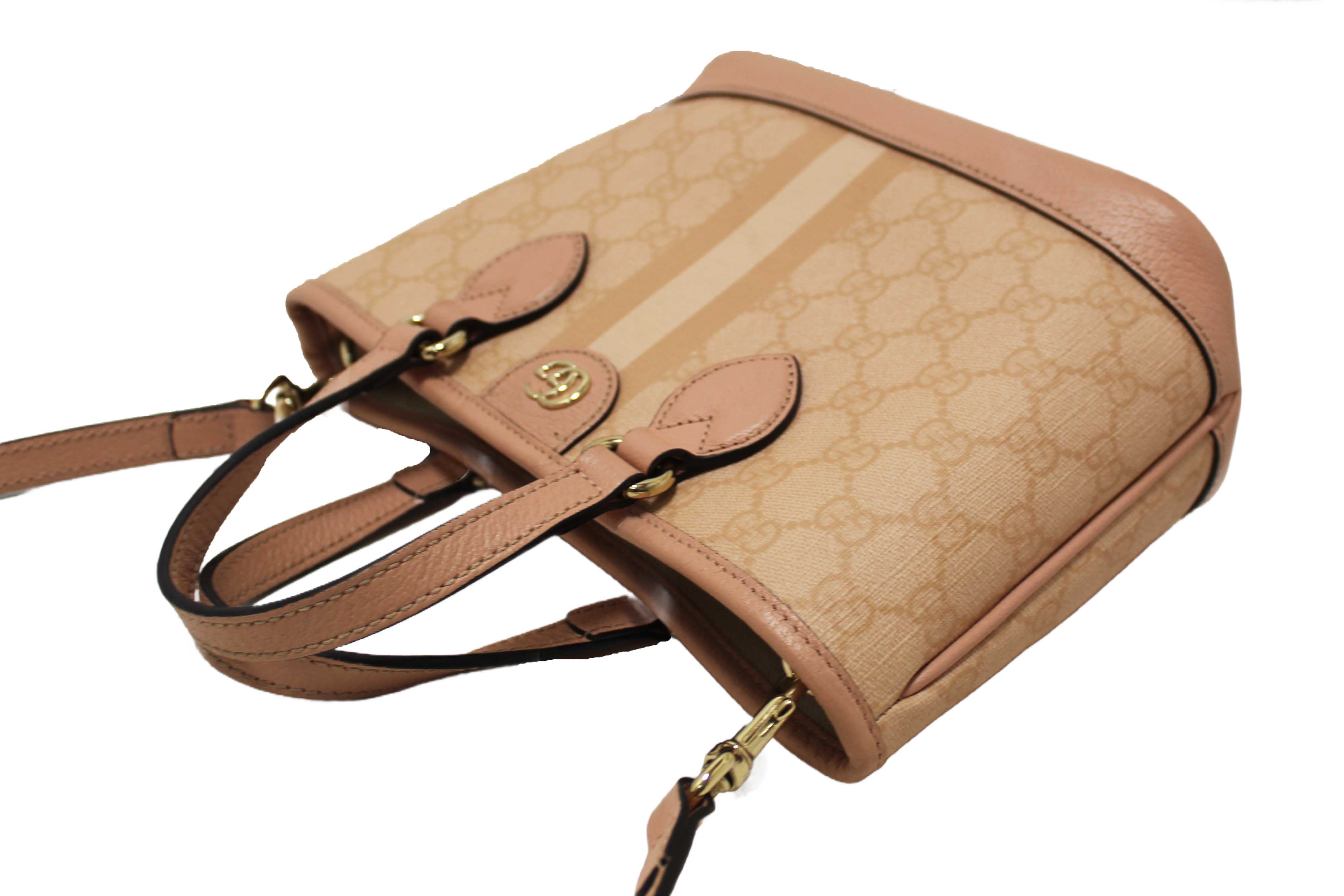 Authentic Gucci Pink And White GG Supreme Ophidia Small Tote Bag 811716