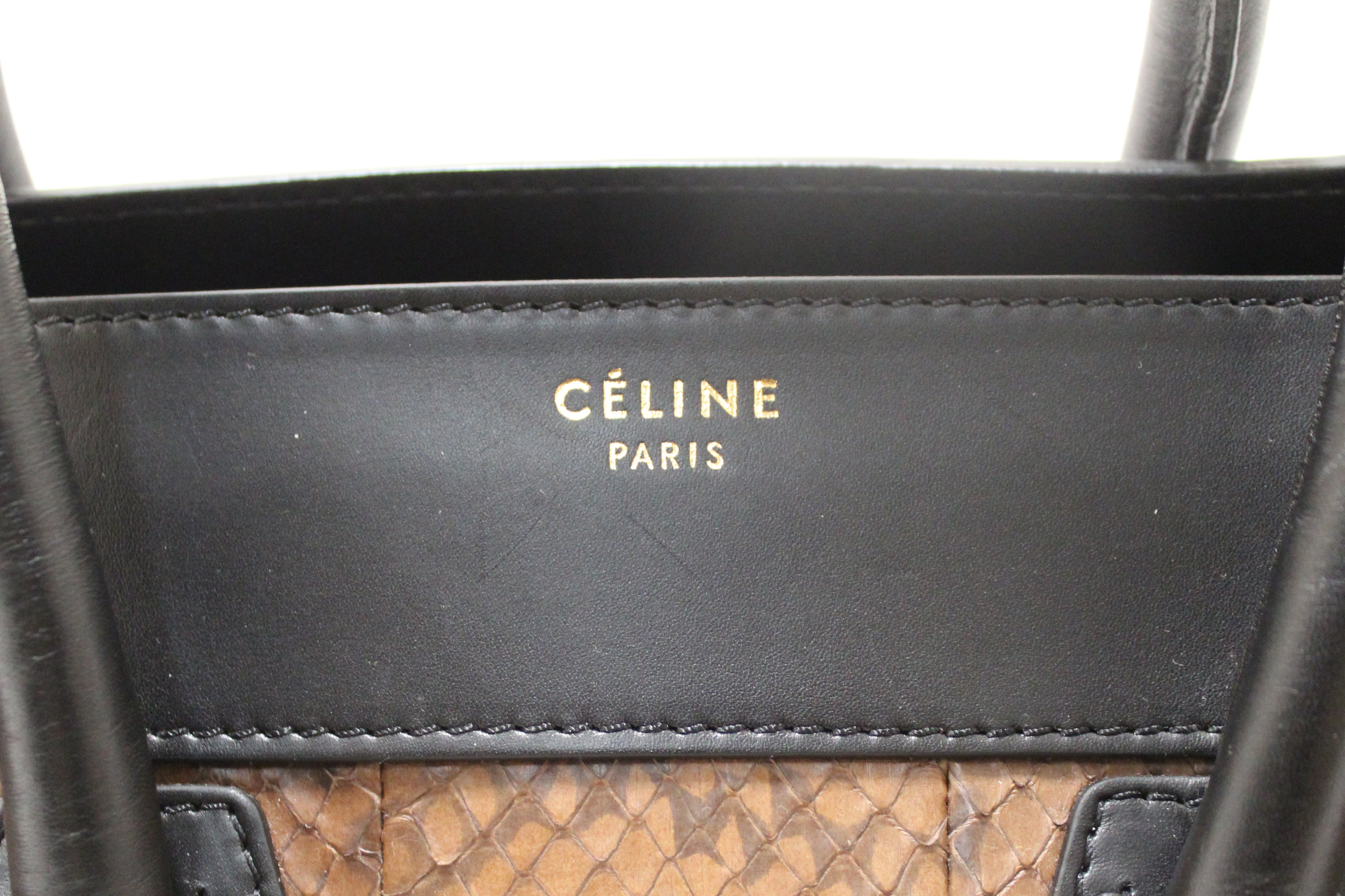 Authentic Celine Large Black/White/Brown Python Tri-Color Luggage Handbag