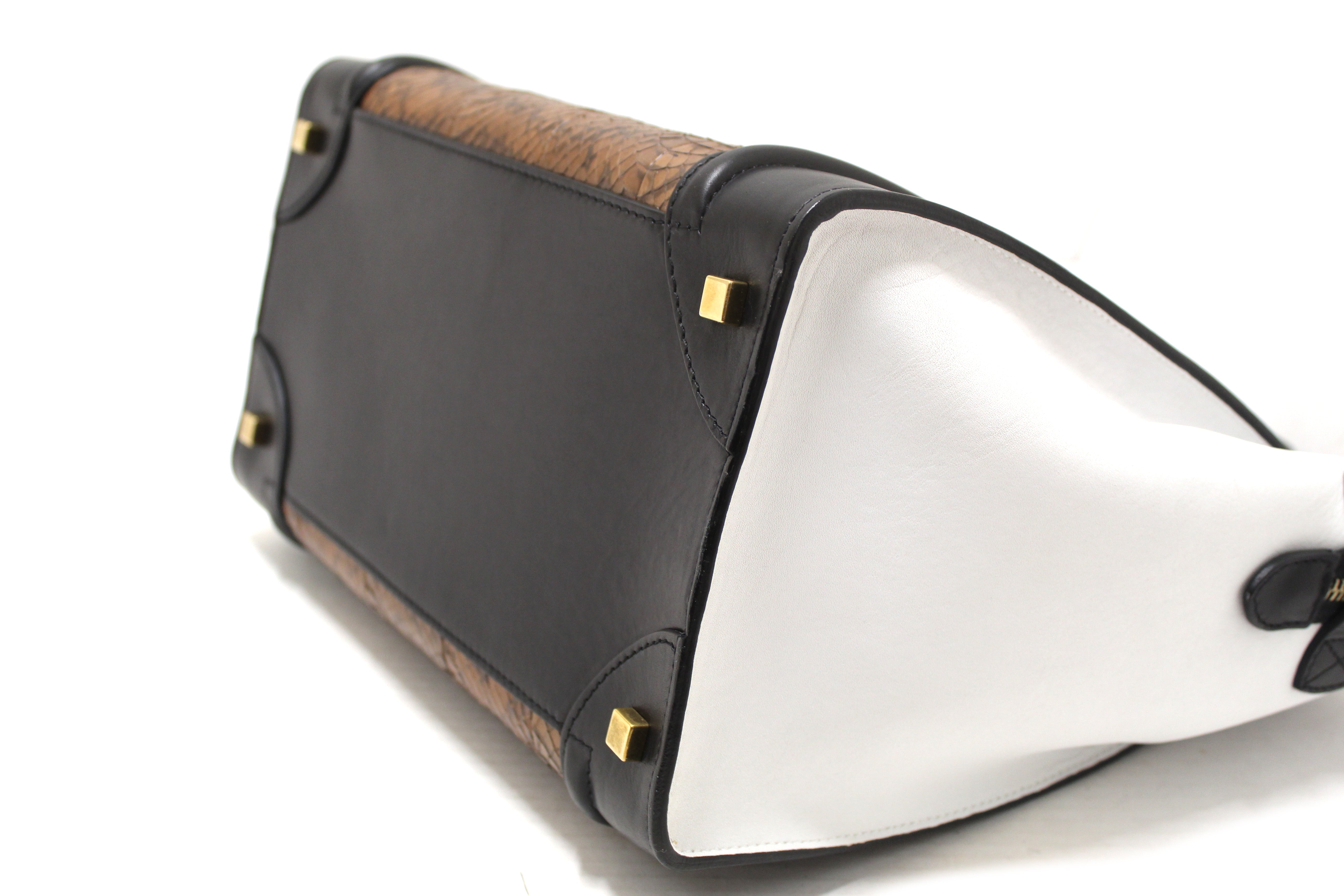 Authentic Celine Large Black/White/Brown Python Tri-Color Luggage Handbag