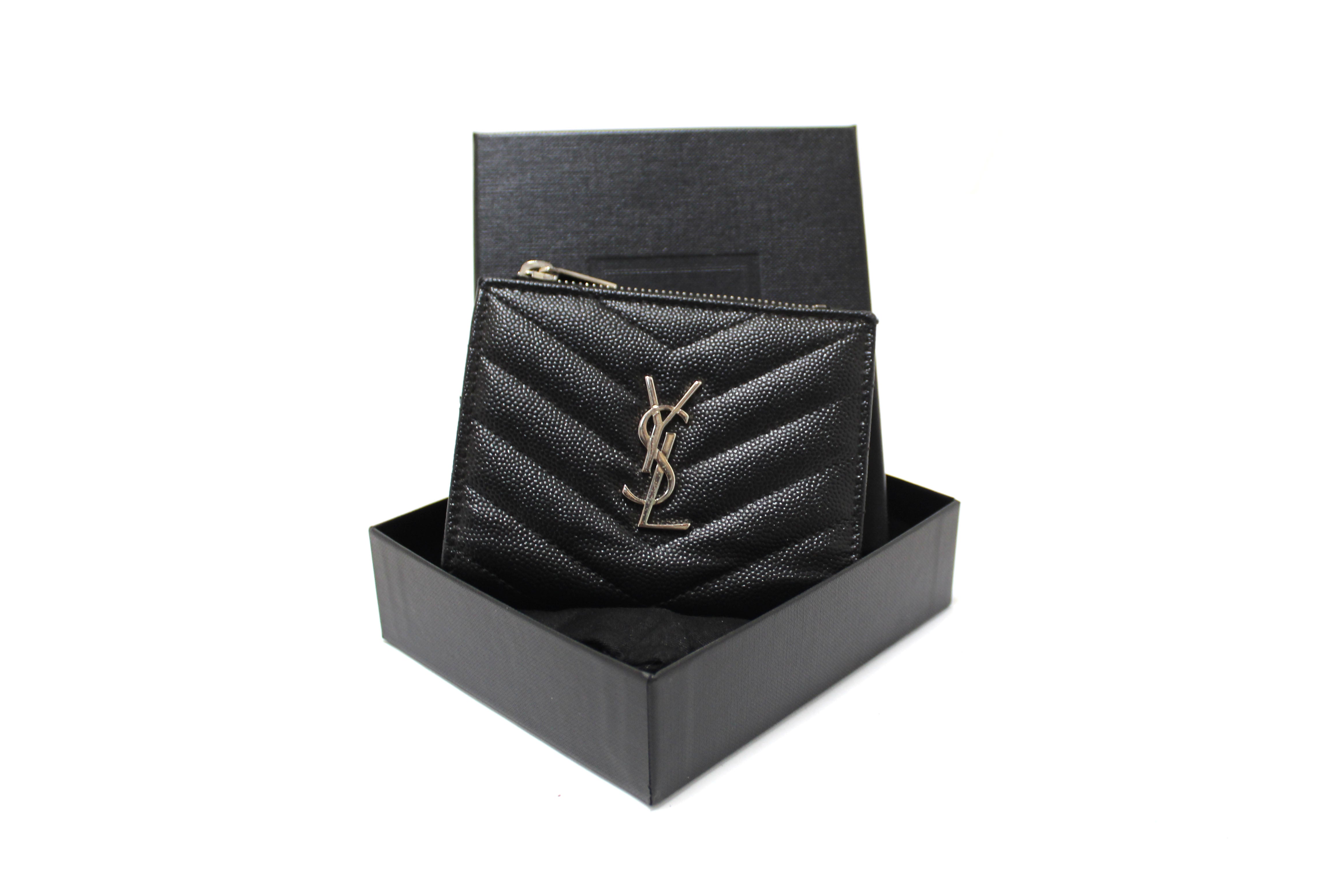 Authentic Saint Laurent Black Matelasse Grain De Poudre Embossed Leather Bi-Fold Wallet