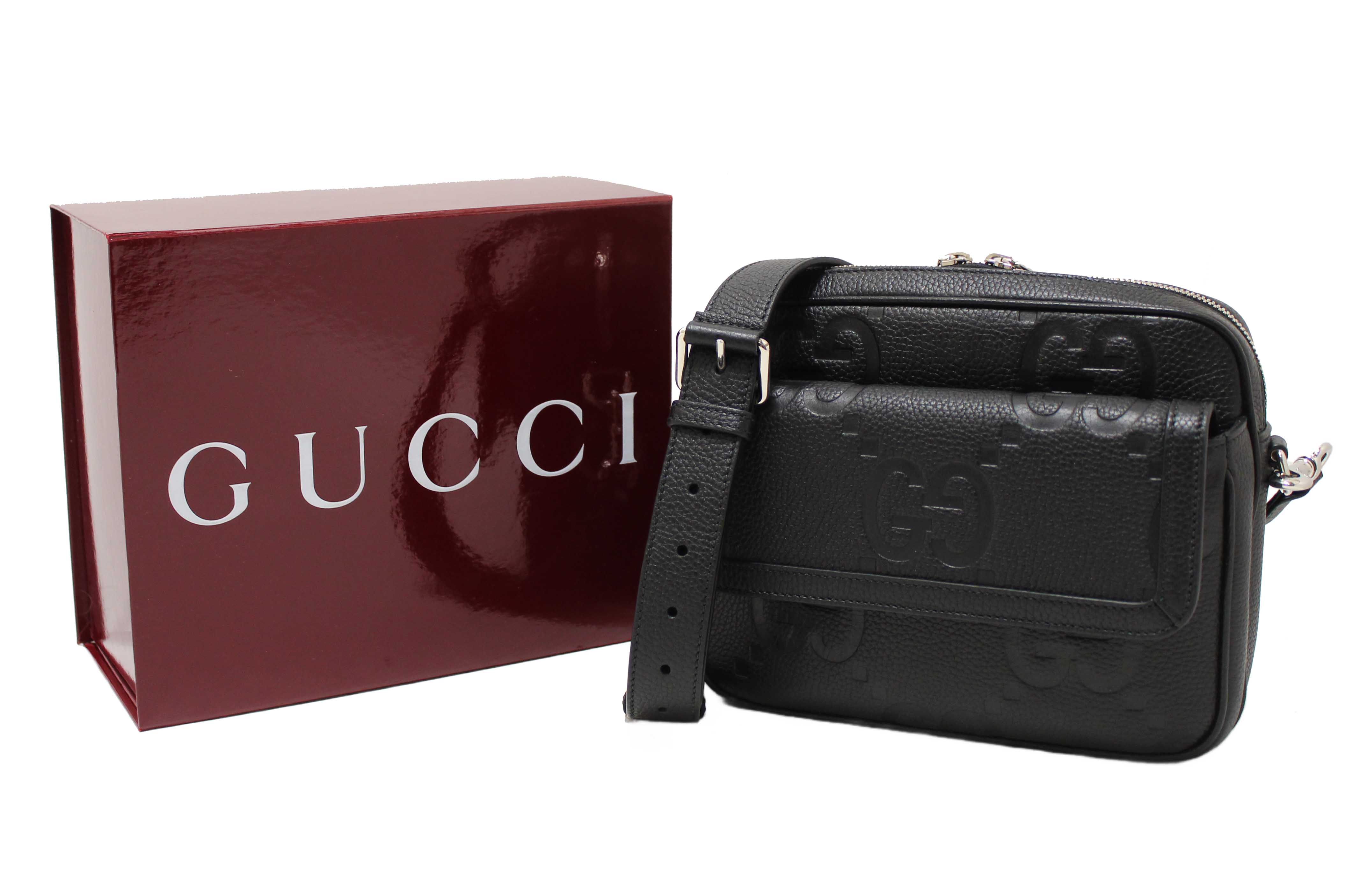 Authentic Gucci Black GG Jumbo Leather Small Crossbody Bag 794088